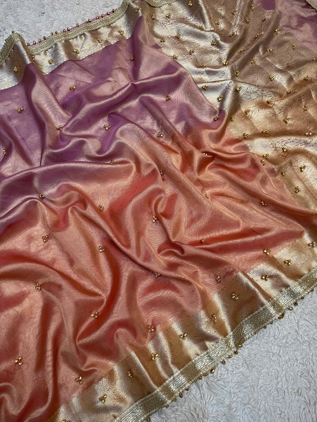 PREMIUM LAVENDER & PEACH SOFT BANARASI TISSUE SILK GHUNGROO WORK SAREE