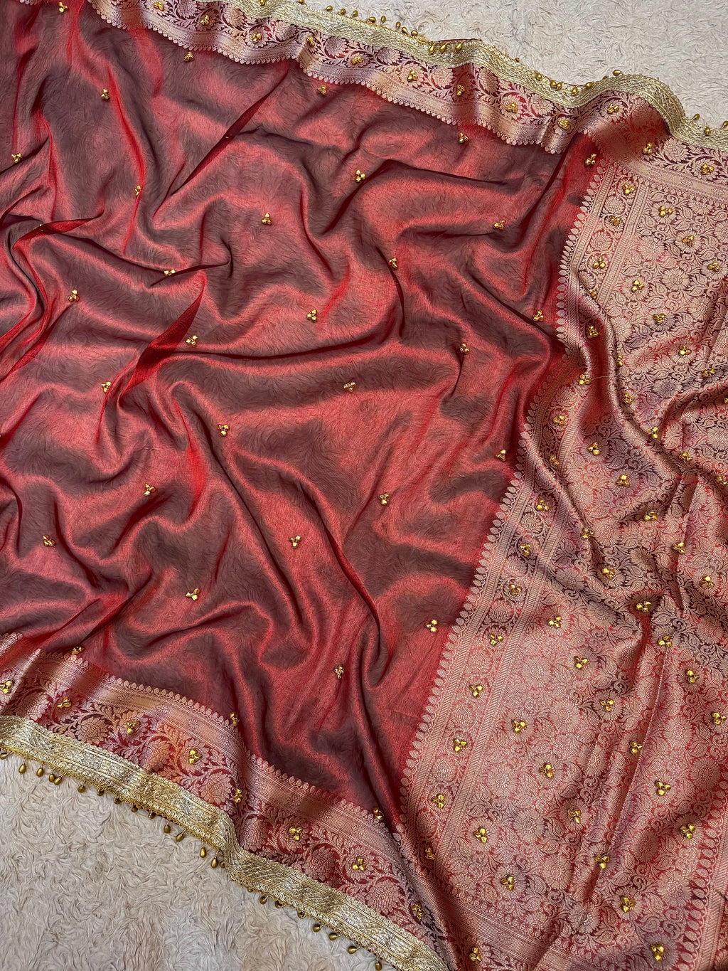 PREMIUM MAROON SHADE GHUNGROO WORK SOFT BANARASI TISSUE SILK DESIGNER SAREE