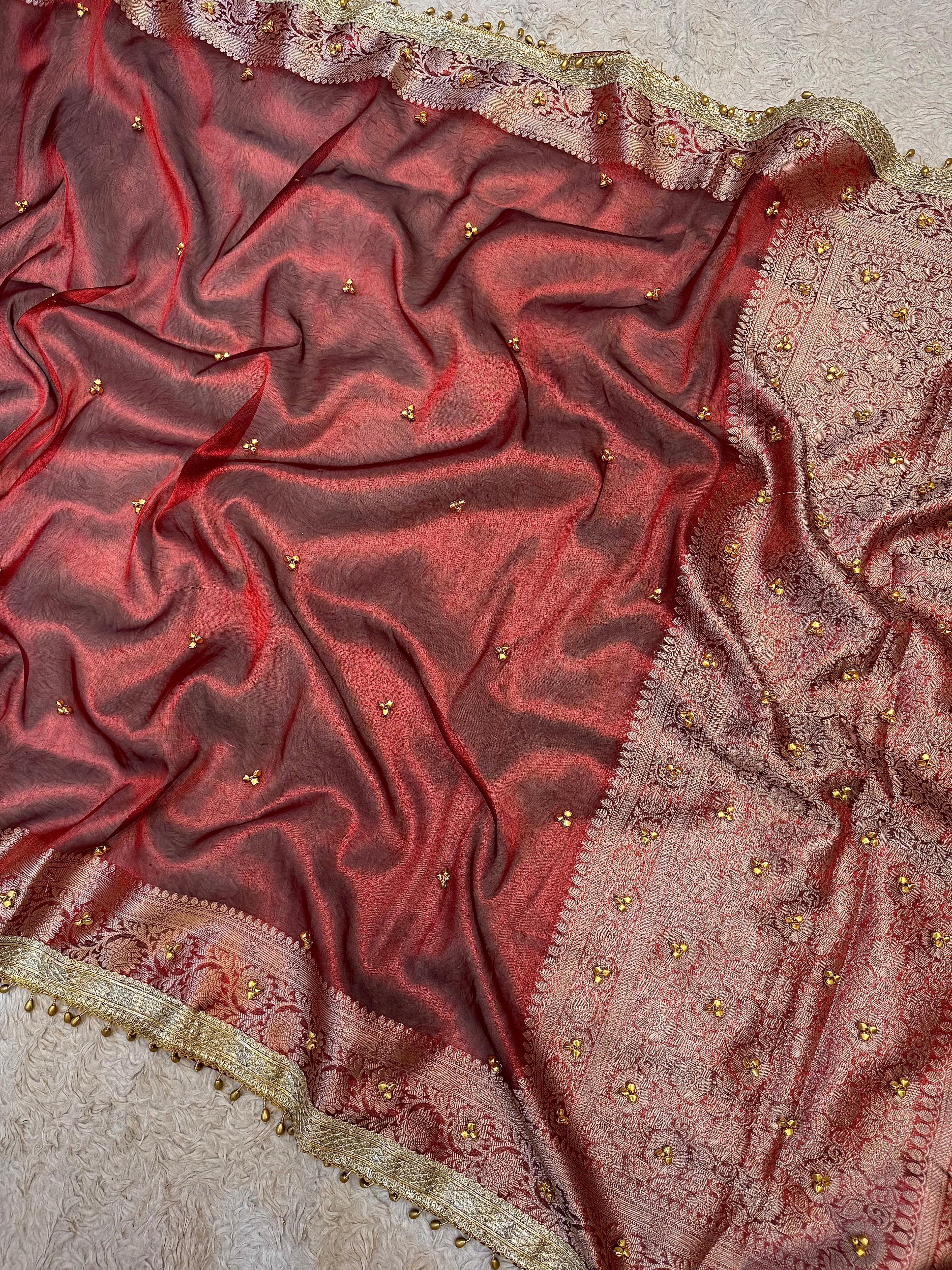 PREMIUM MAROON SHADE GHUNGROO WORK SOFT BANARASI TISSUE SILK DESIGNER SAREE