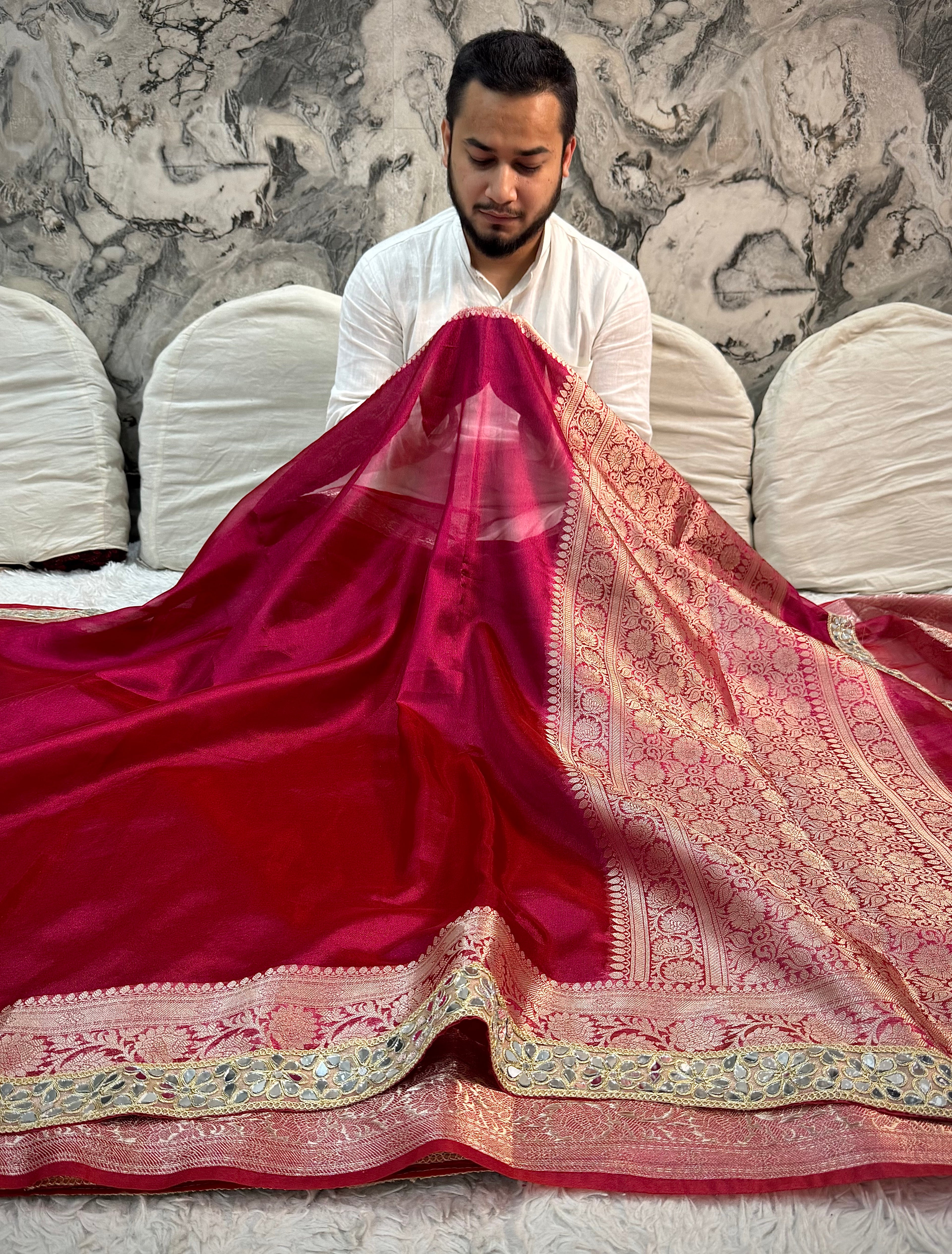 EXCLUSIVE HOT RANI SHADE SOFT TISSUE SILK SAREE WITH DESIGNER LACE ATTACHED