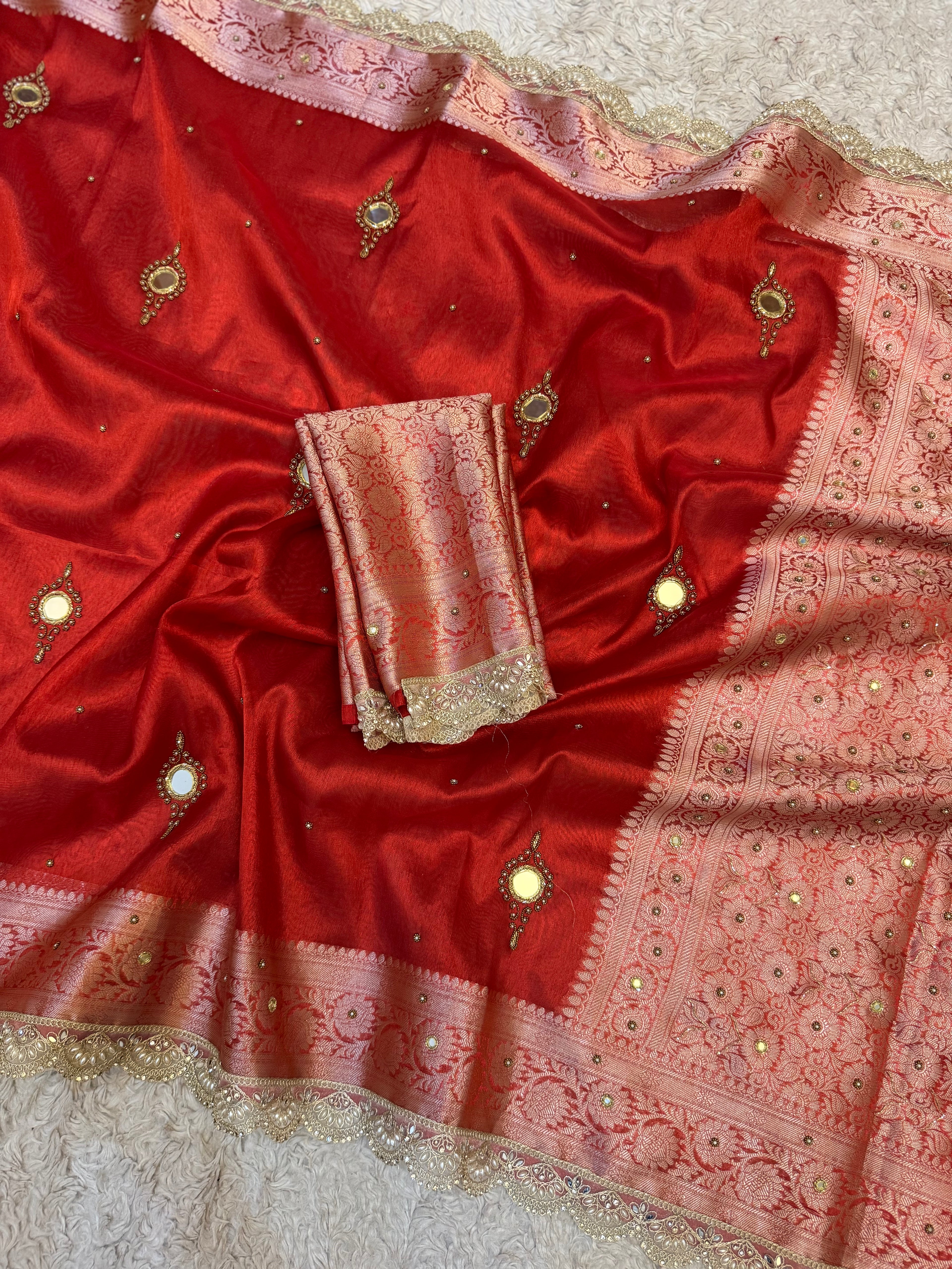 LUXURIOUS BRIDAL RED SHADE SOFT TISSUE SILK SAREE WITH PREMIUM ZARDOZI MIRROR WORK AND LACE ATTACHED
