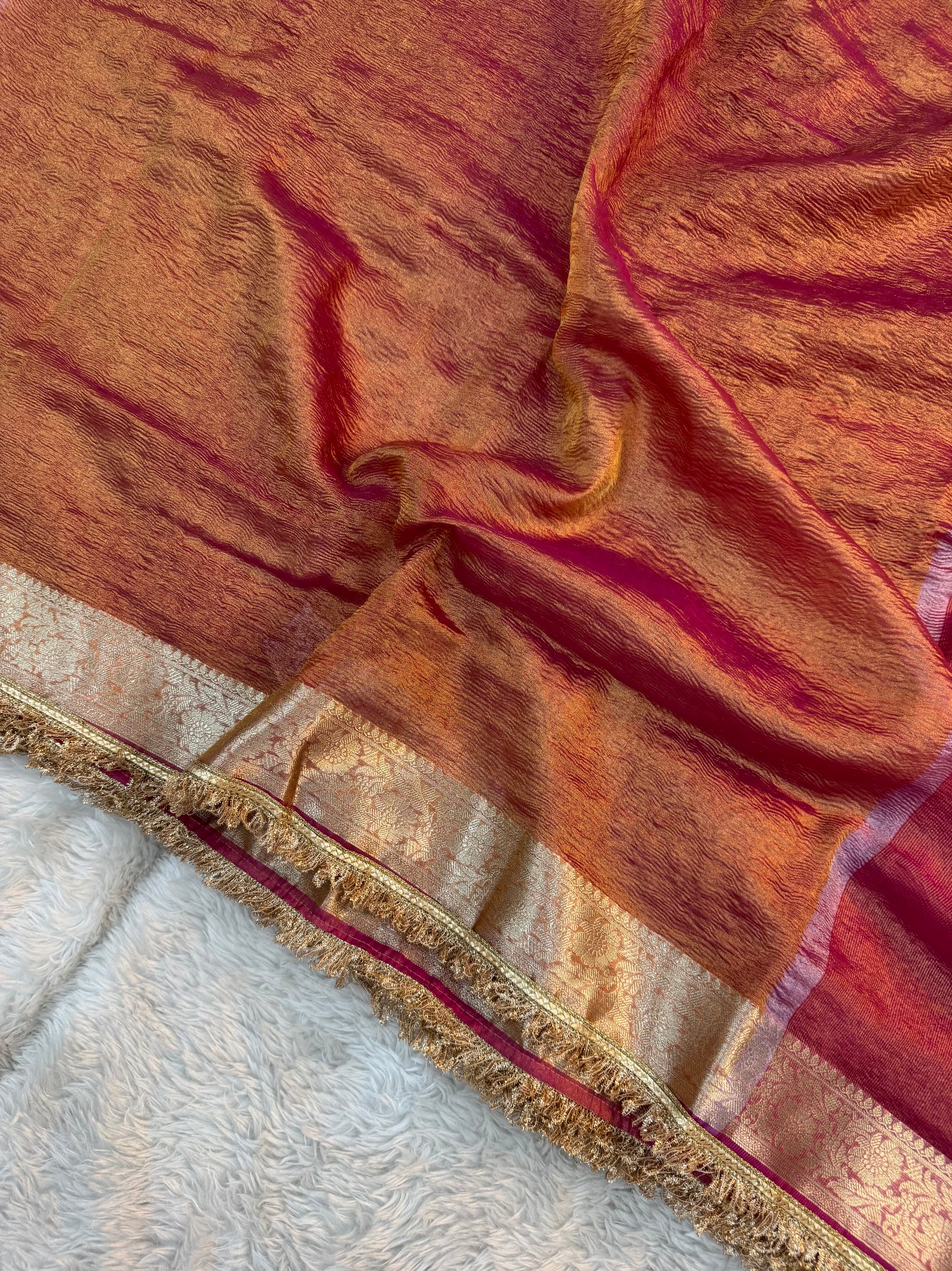 PREMIUM PINK SHADE SOFT CRUSH TISSUE SILK SAREE WITH LACE ATTACHED
