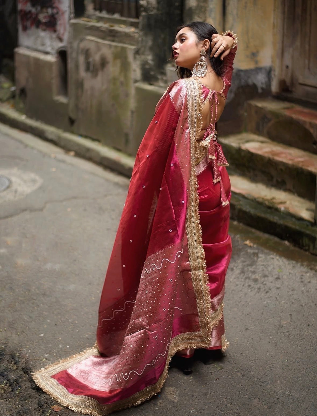 EXCLUSIVE HOT RANI SHADE SOFT TISSUE SILK SAREE DESIGNER HAND STONE WORK WITH LACE ATTACHED