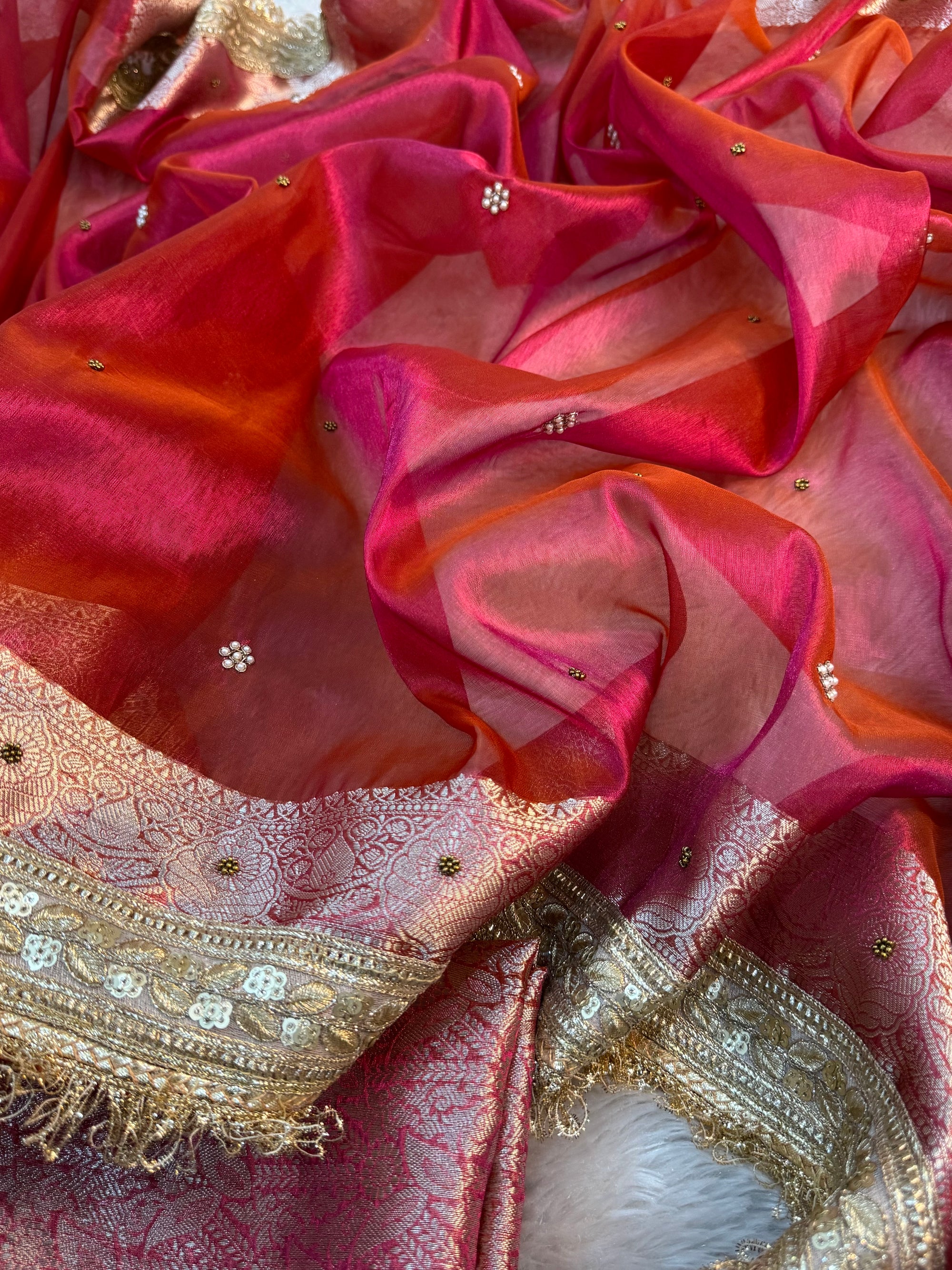 LUXURIOUS ORANGE PINK SHADE SOFT TISSUE SILK WITH PREMIUM HAND EMBROIDERY AND LACE WORK