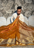 PREMIUM MUSTARD ORANGE SHADE BANARASI SOFT TISSUE SILK WITH MIRROR WORK DESIGNER SAREE