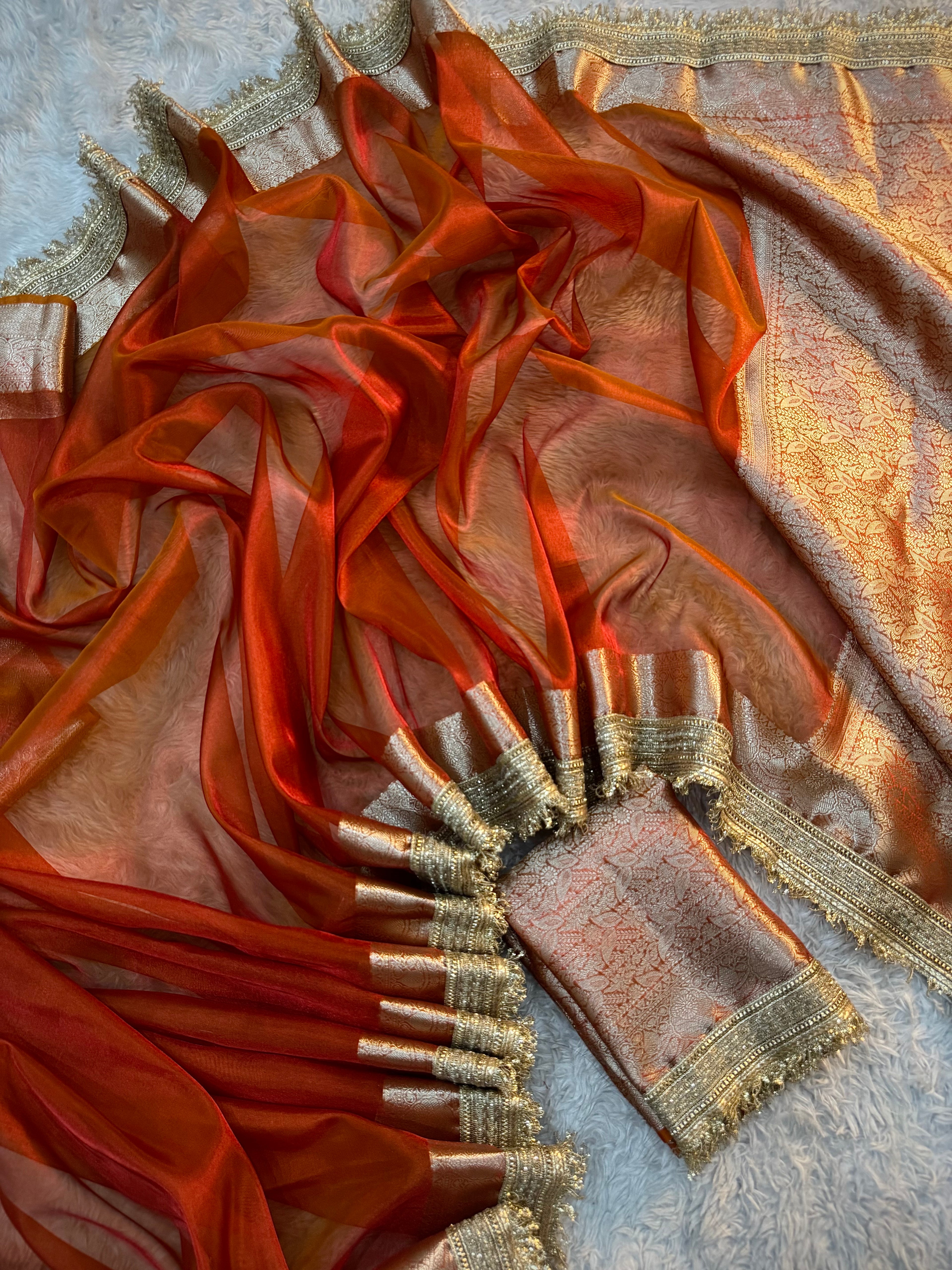 PREMIUM RUST SHADE SOFT TISSUE SILK SAREE WITH LACE ATTACHED