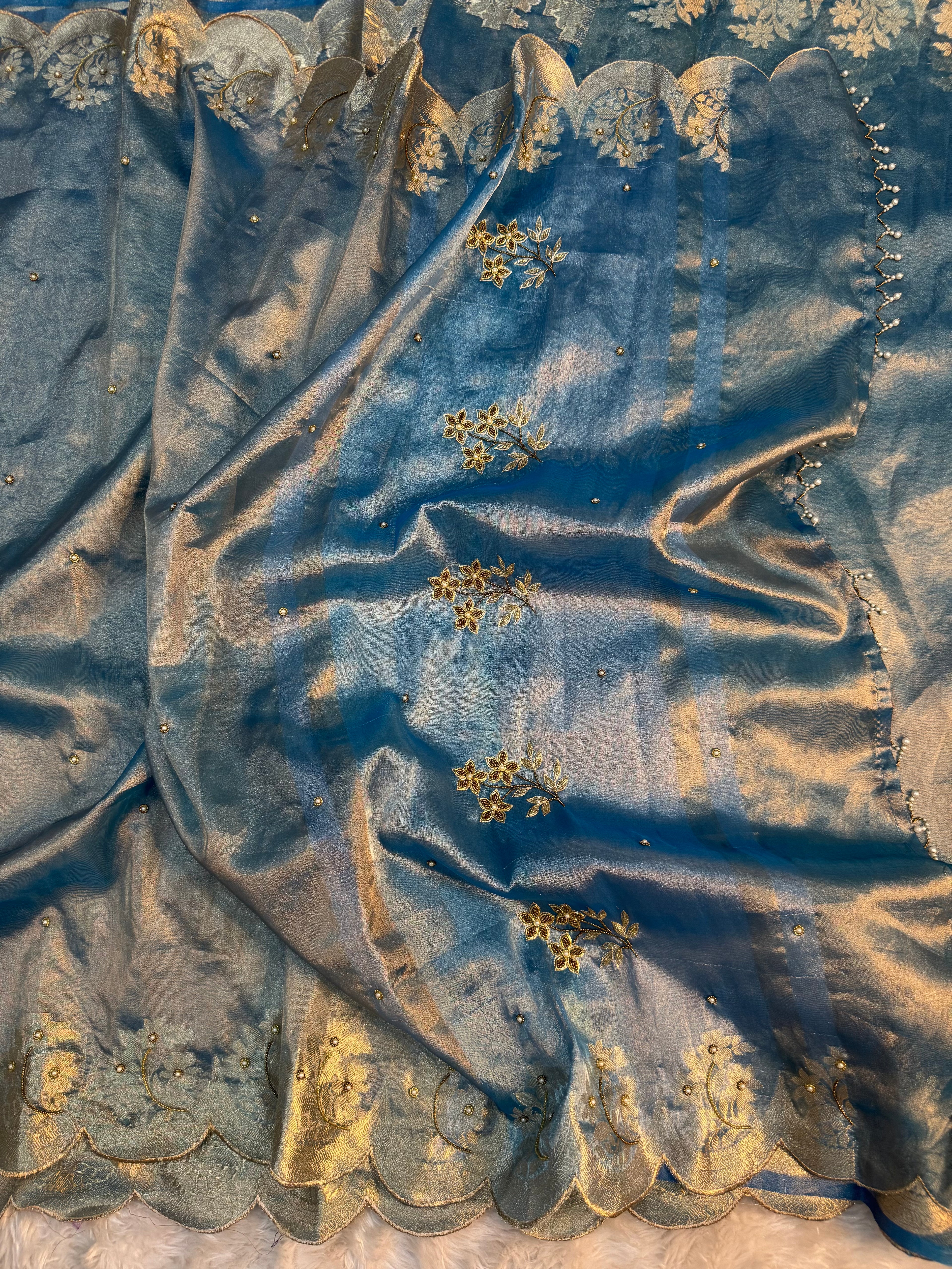 PREMIUM AQUA BLUE SHADE HANDWORK TISSUE SILK CUTWORK SAREE
