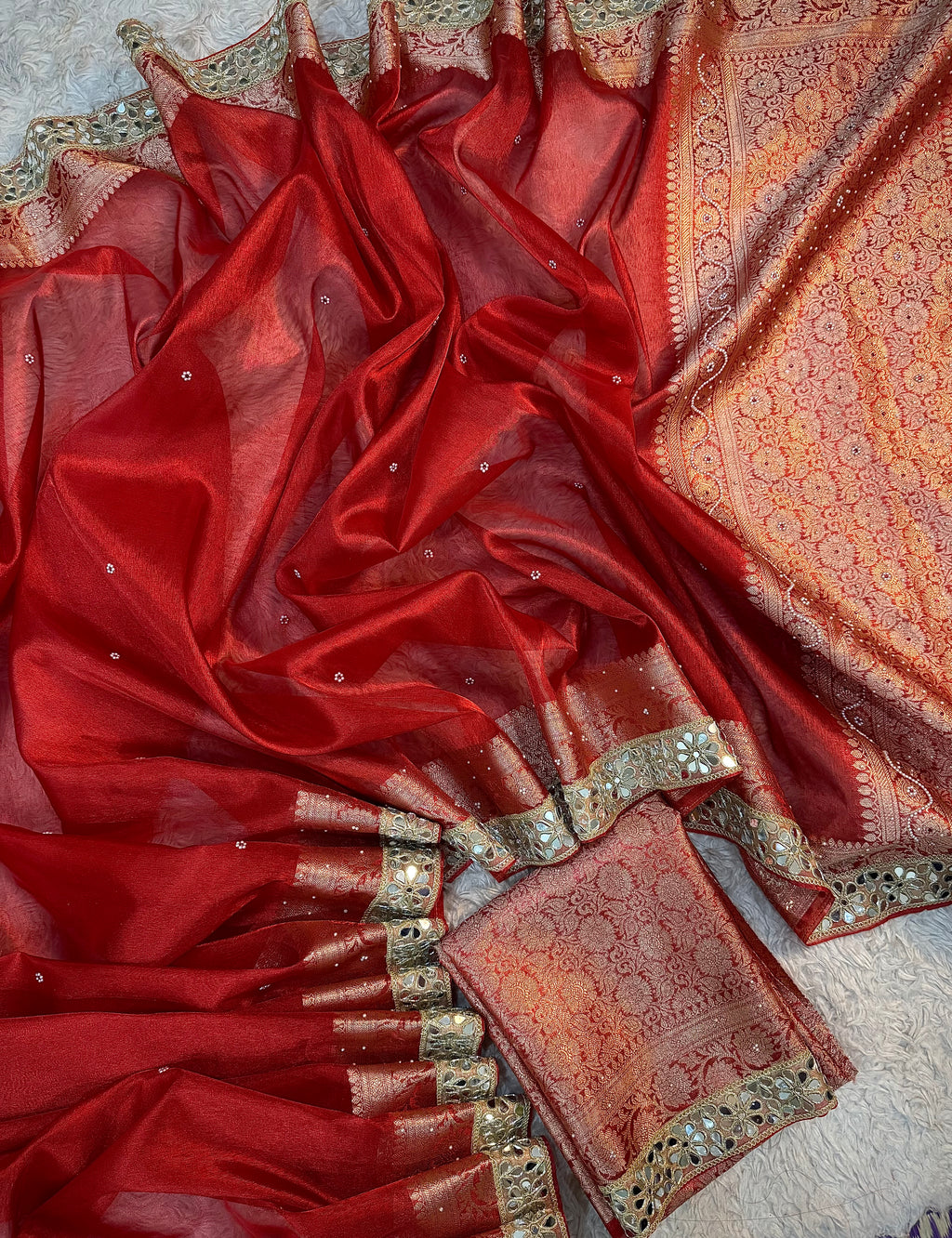 STONE WORK+MIRROR WORK BRIDAL RED SOFT TISSUE SILK DESIGNER SAREE