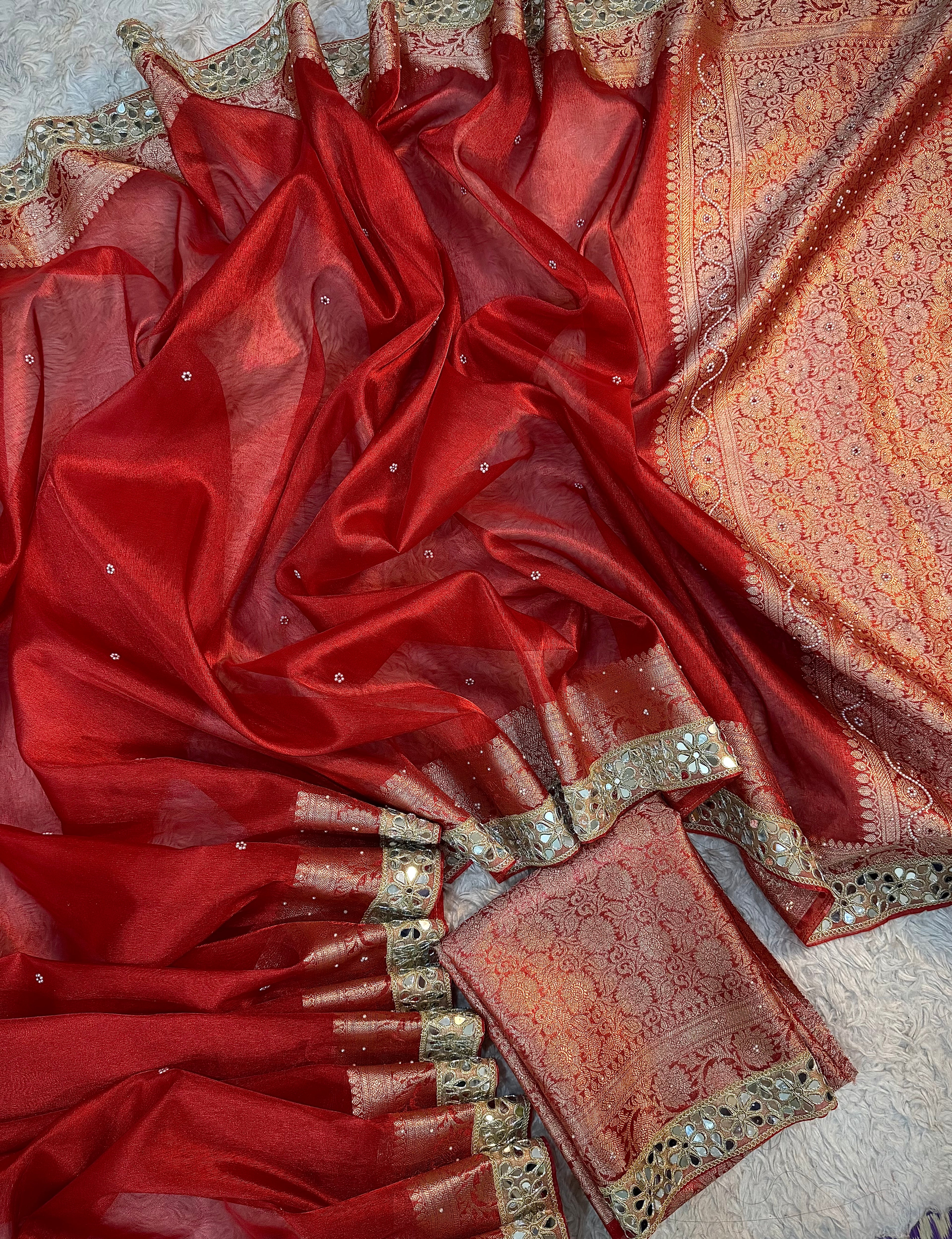STONE WORK+MIRROR WORK BRIDAL RED SOFT TISSUE SILK DESIGNER SAREE