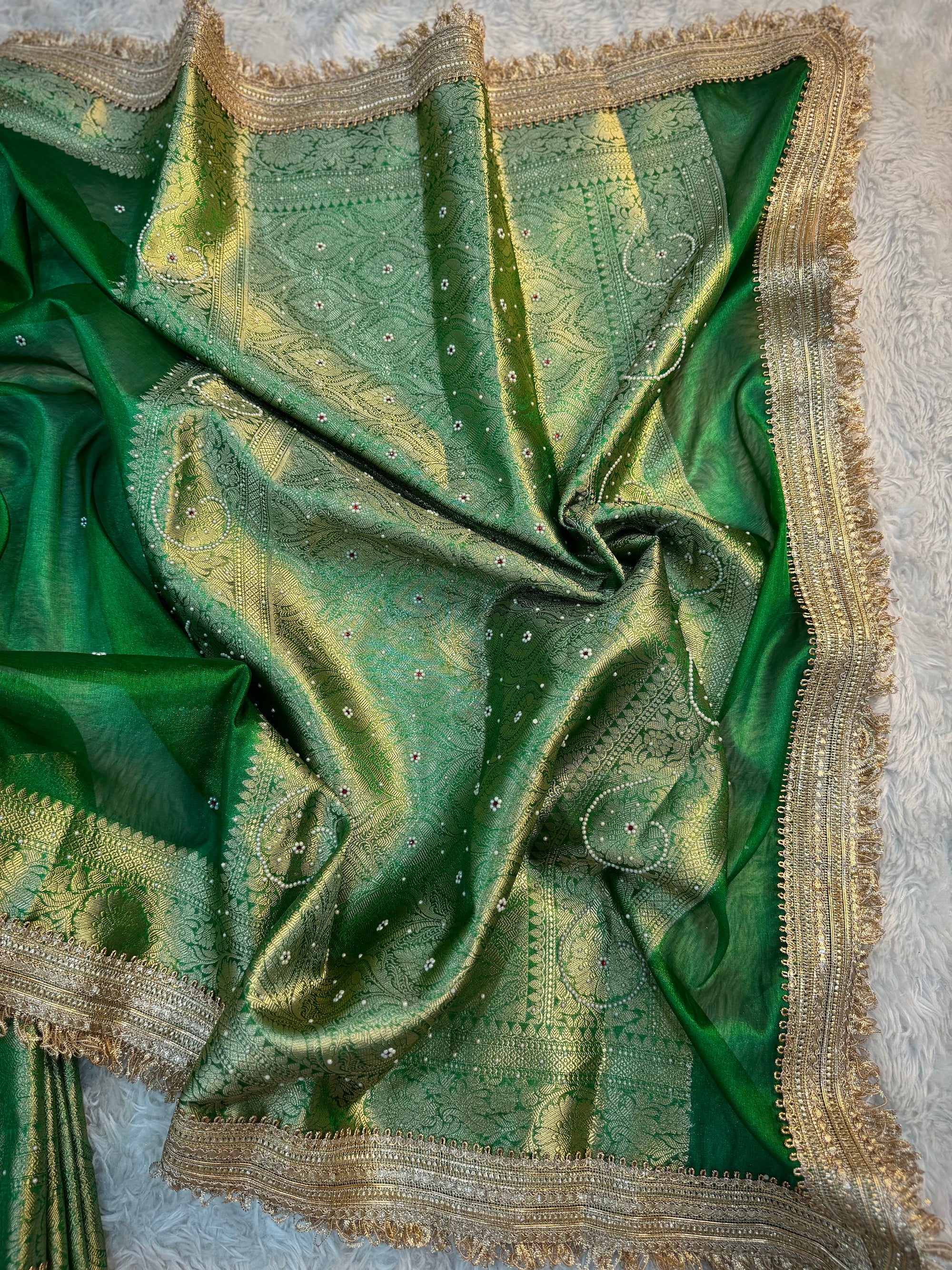 PREMIUM EMERALD GREEN SHADE SOFT TISSUE SILK SAREE WITH LACE ATTACHED