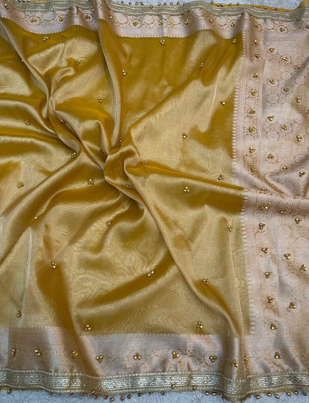 PREMIUM YELLOW SHADE GHUNGROO WORK SOFT BANARASI TISSUE SILK DESIGNER SAREE