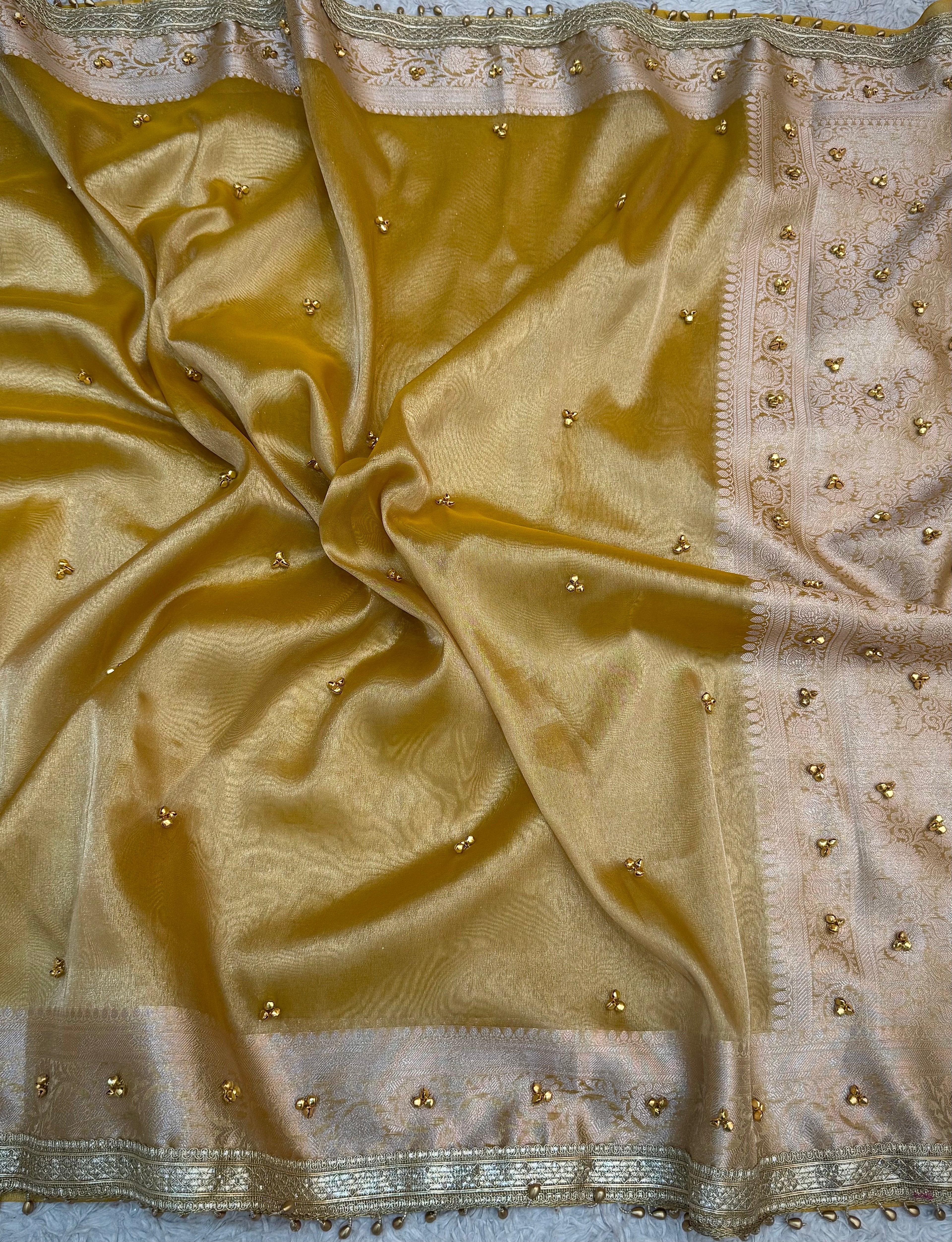 PREMIUM YELLOW SHADE GHUNGROO WORK SOFT BANARASI TISSUE SILK DESIGNER SAREE