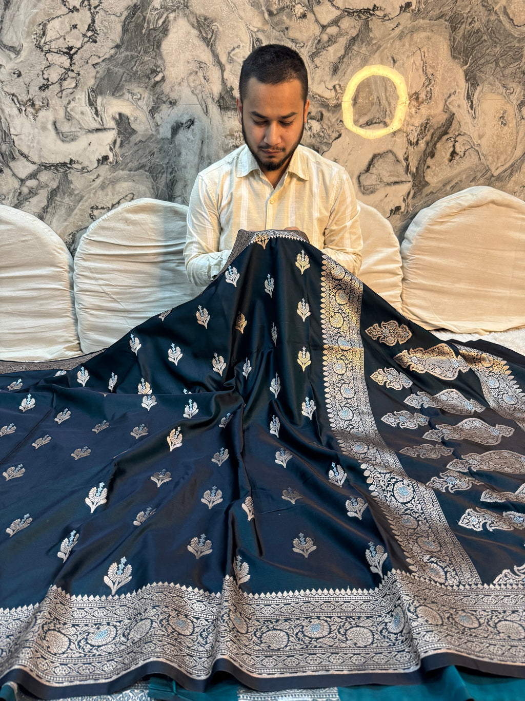 PREMIUM GERMAN BLUE SHADE MASHRU KATAN SILK SAREE