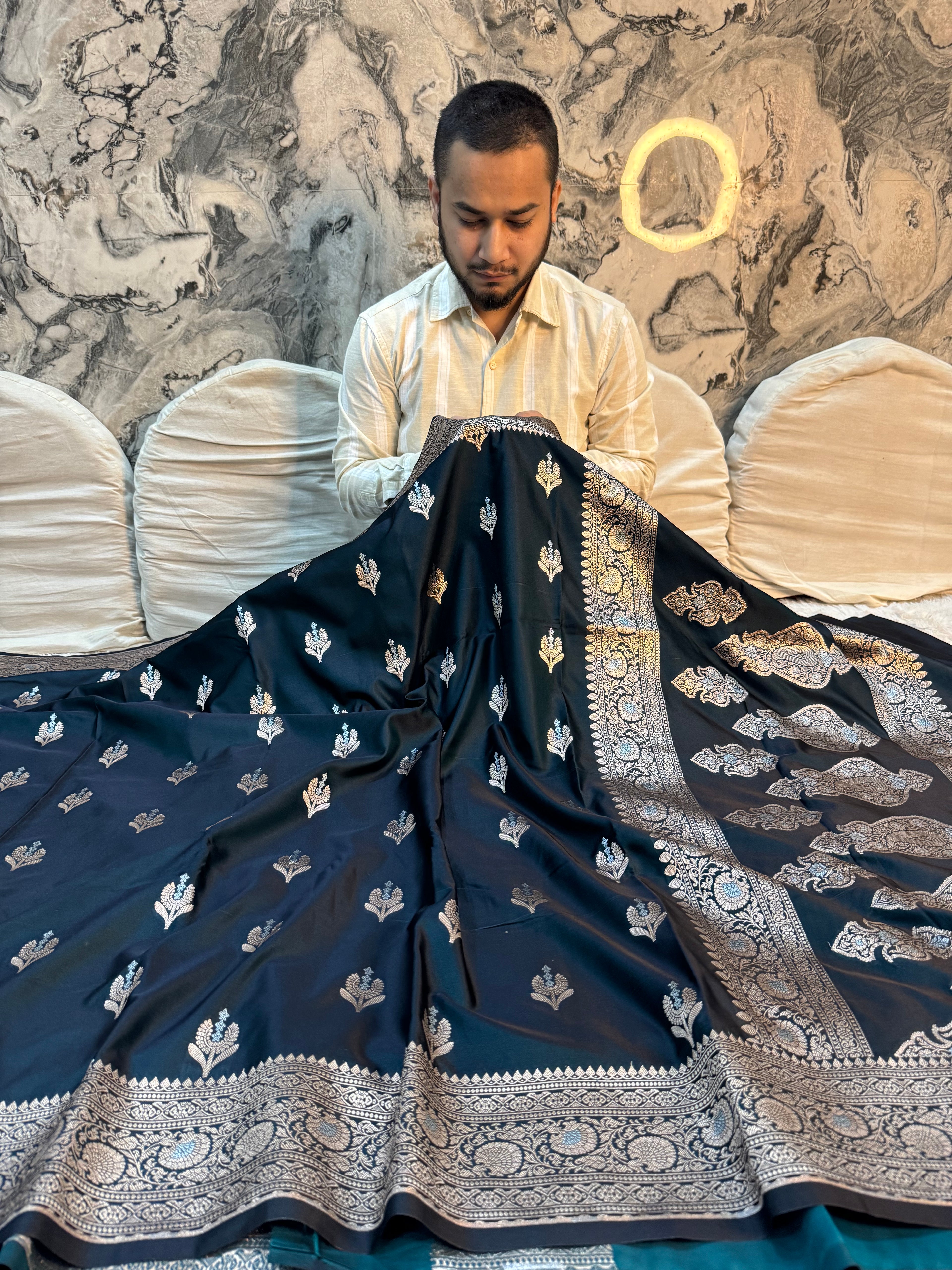 PREMIUM GERMAN BLUE SHADE MASHRU KATAN SILK SAREE