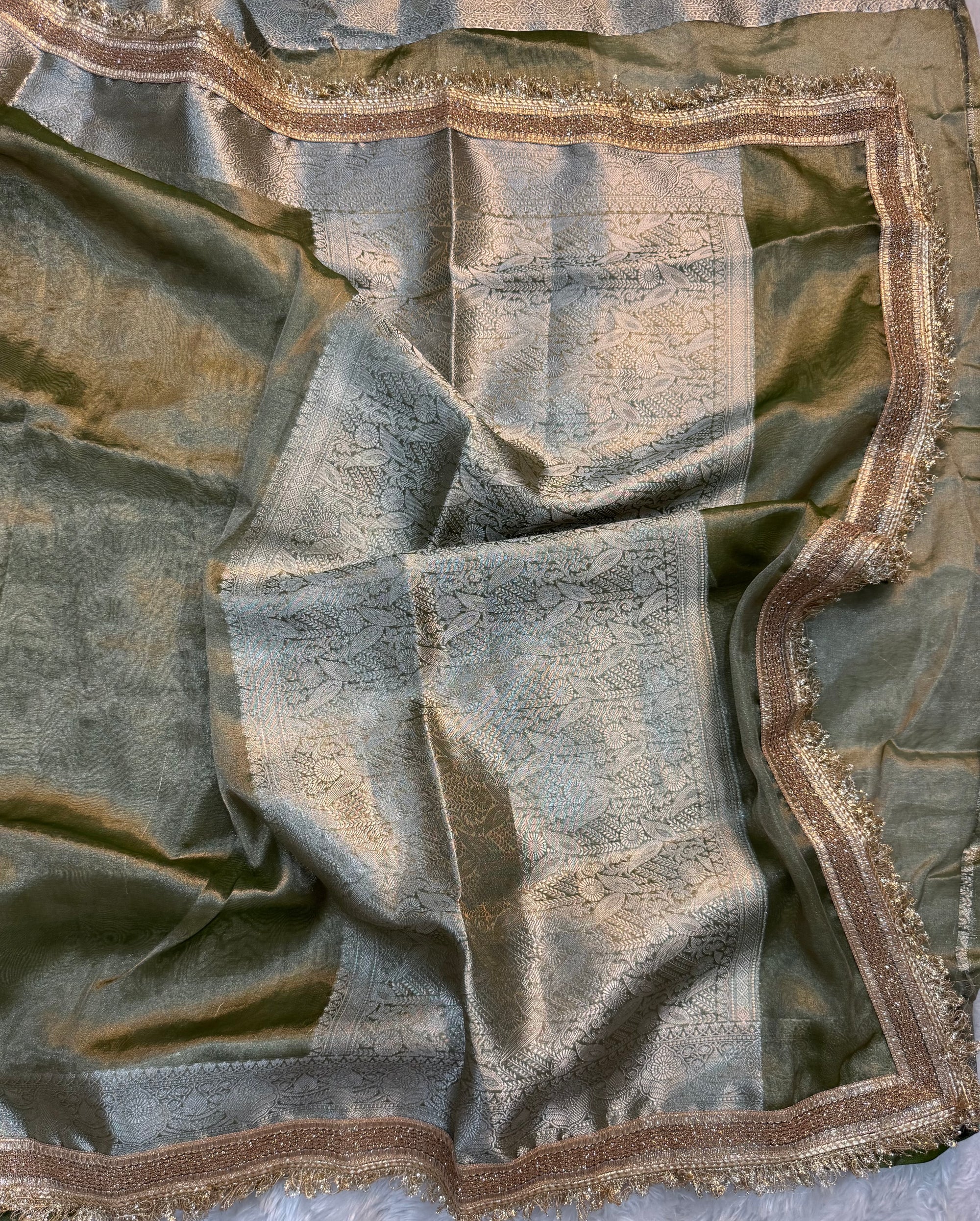 PREMIUM OLIVE GREEN SHADE SOFT TISSUE SILK SAREE WITH LACE ATTACHED