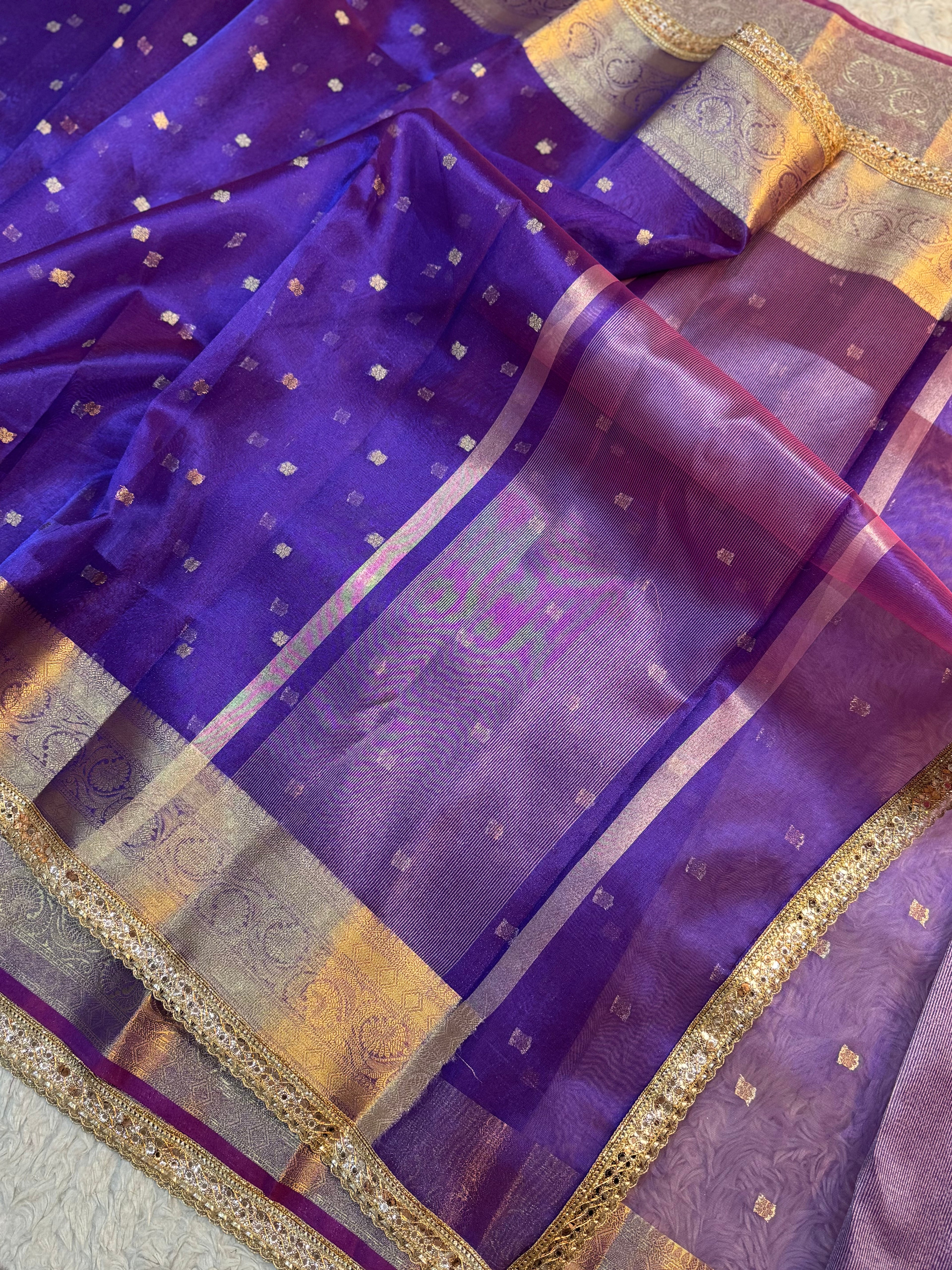 PREMIUM BAIGANI SHADE DESIGNER TISSUE SILK BOOTI SAREE WITH LACE ATTACHED