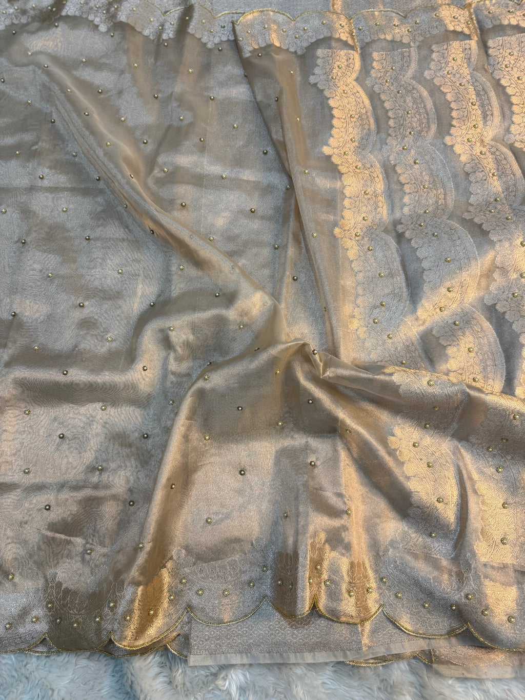 PREMIUM IVORY SHADE HANDWORK TISSUE SILK CUTWORK SAREE