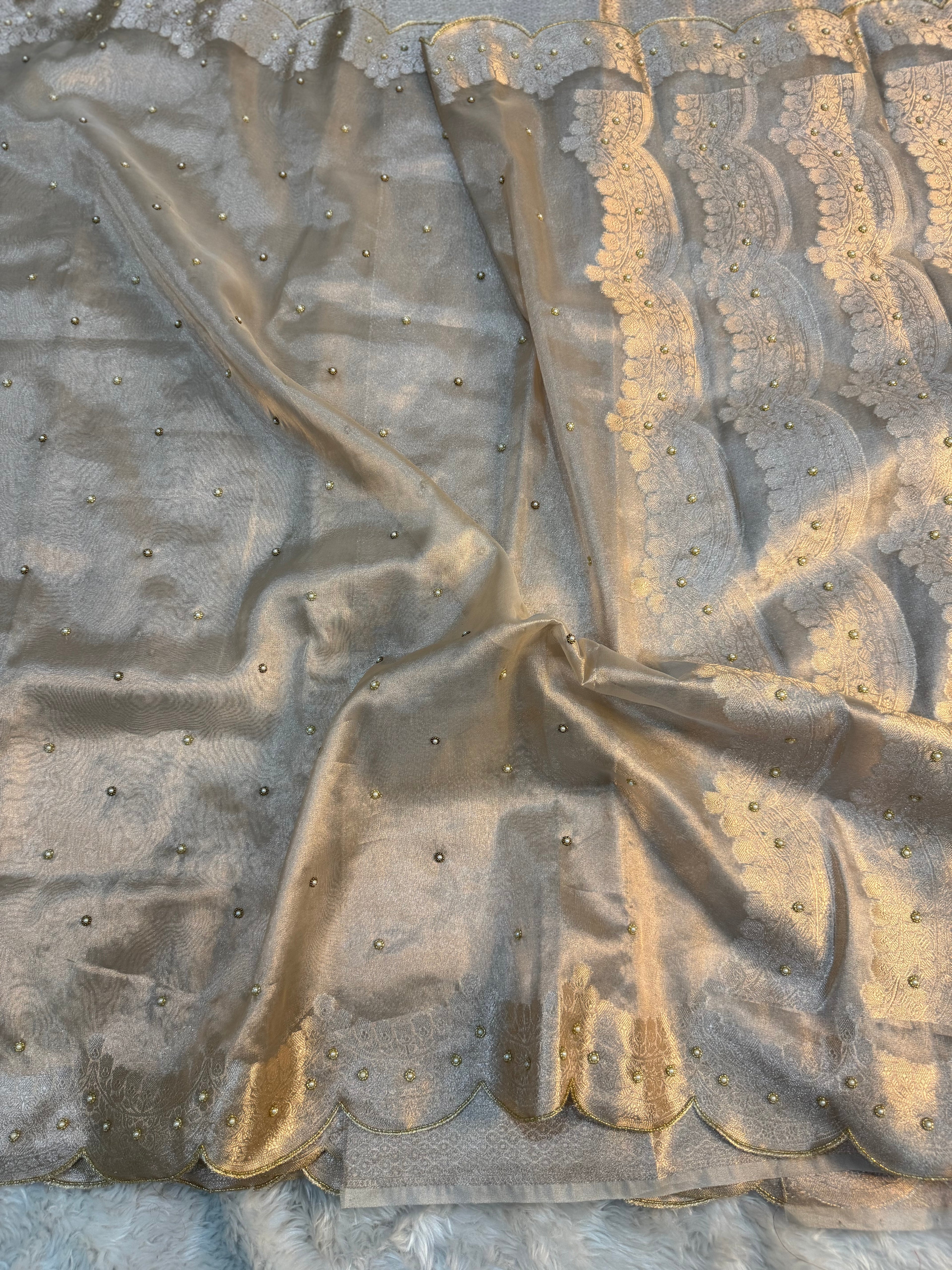 PREMIUM IVORY SHADE HANDWORK TISSUE SILK CUTWORK SAREE