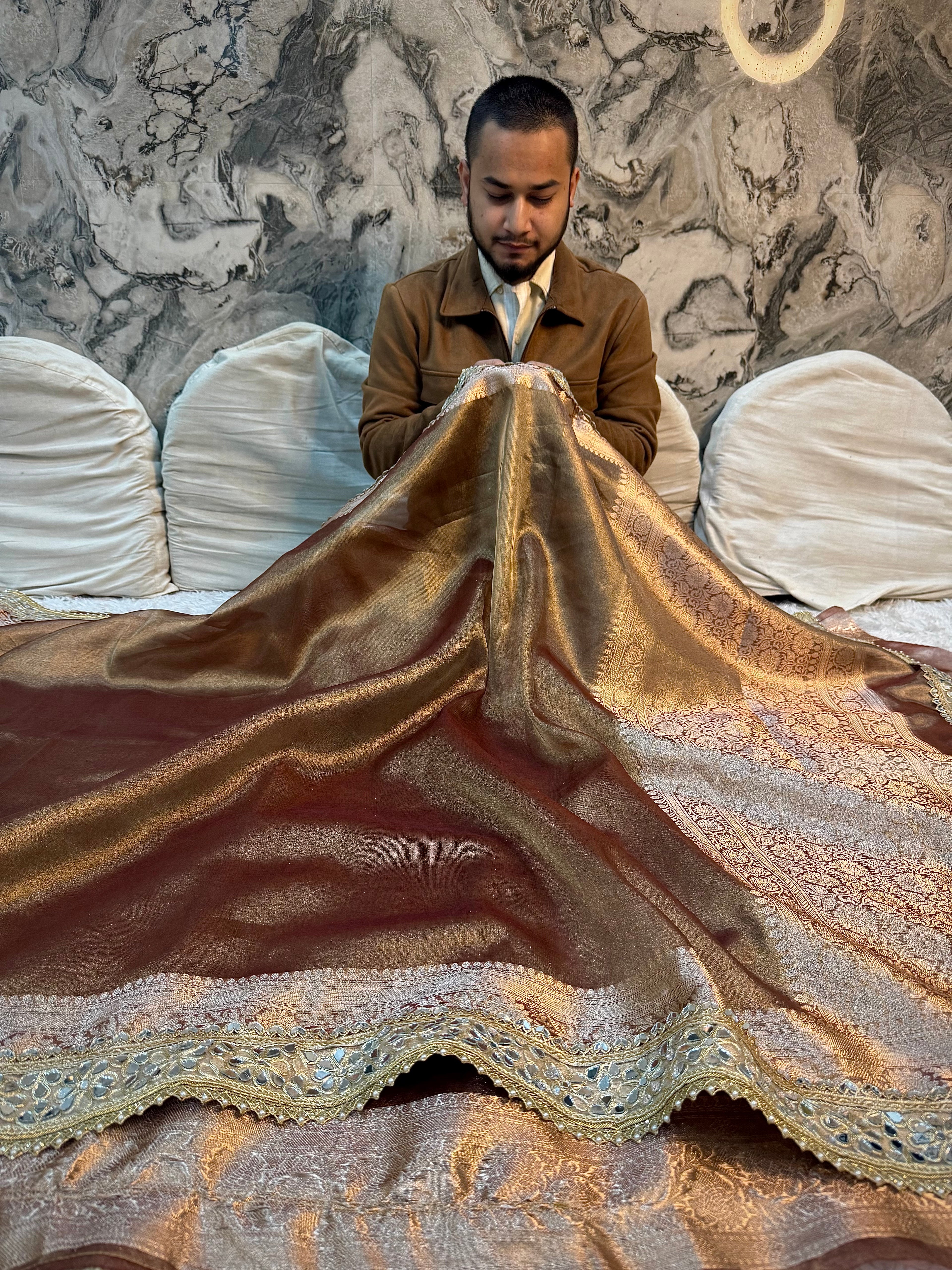 EXCLUSIVE BRONZED GLOW SHADE SOFT  TISSUE SILK SAREE WITH DESIGNER LACE ATTACHED