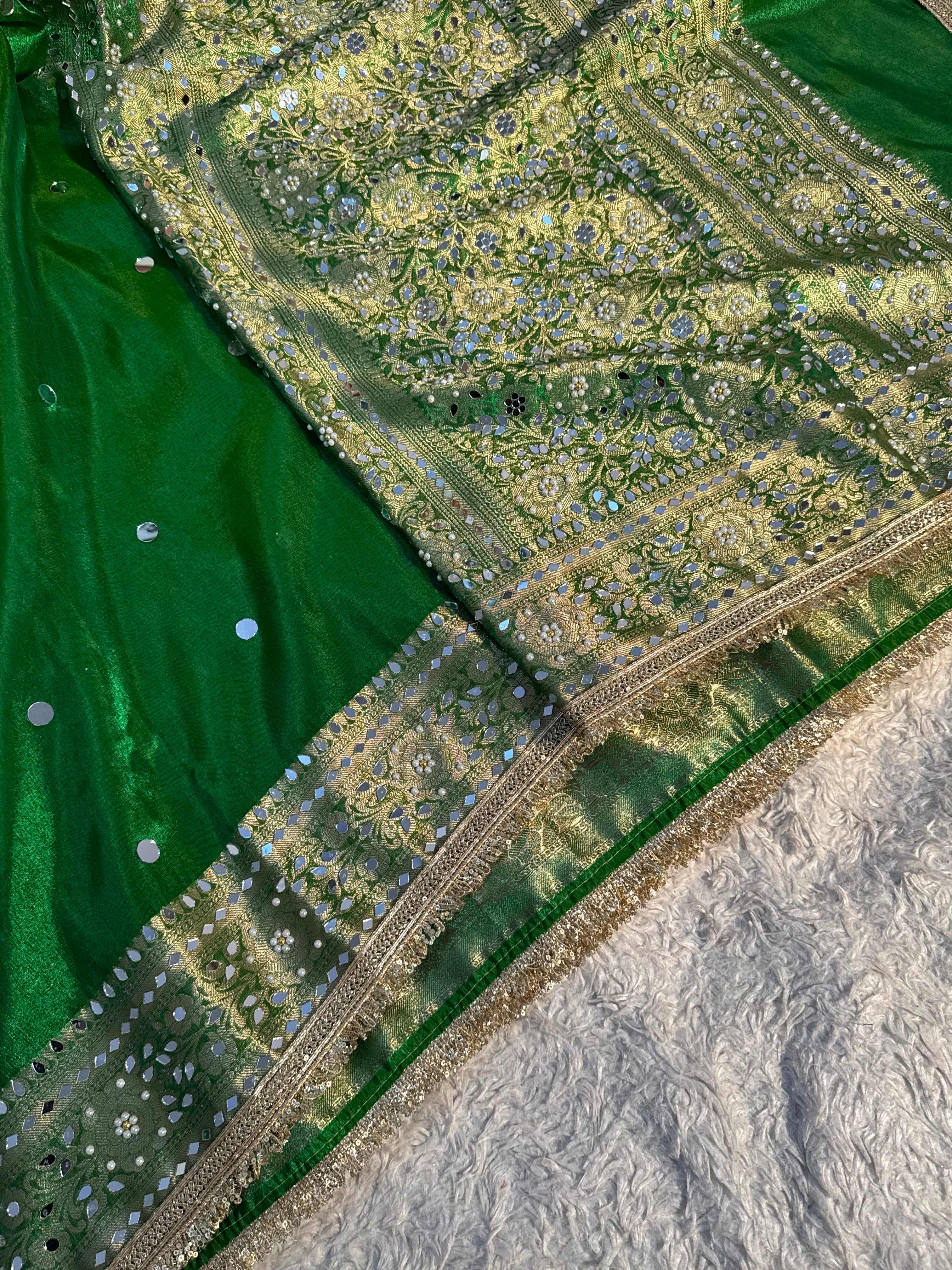 STONE WORK+MIRROR WORK BOTTLE GREEN SOFT TISSUE SILK DESIGNER SAREE