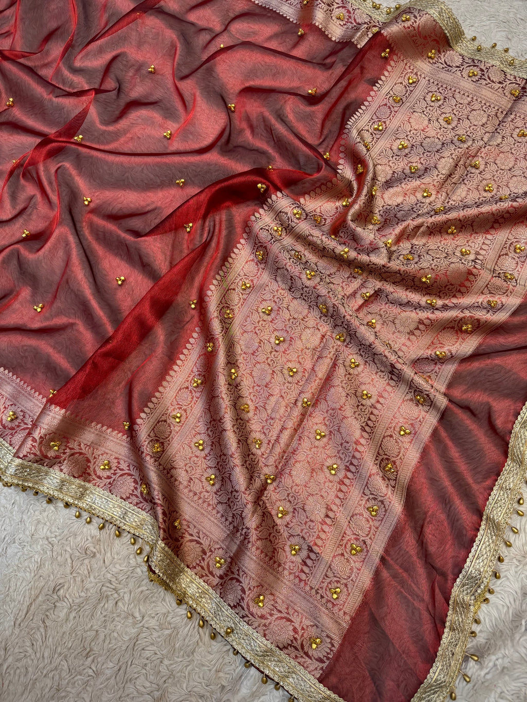 PREMIUM MAROON SHADE GHUNGROO WORK SOFT BANARASI TISSUE SILK DESIGNER SAREE