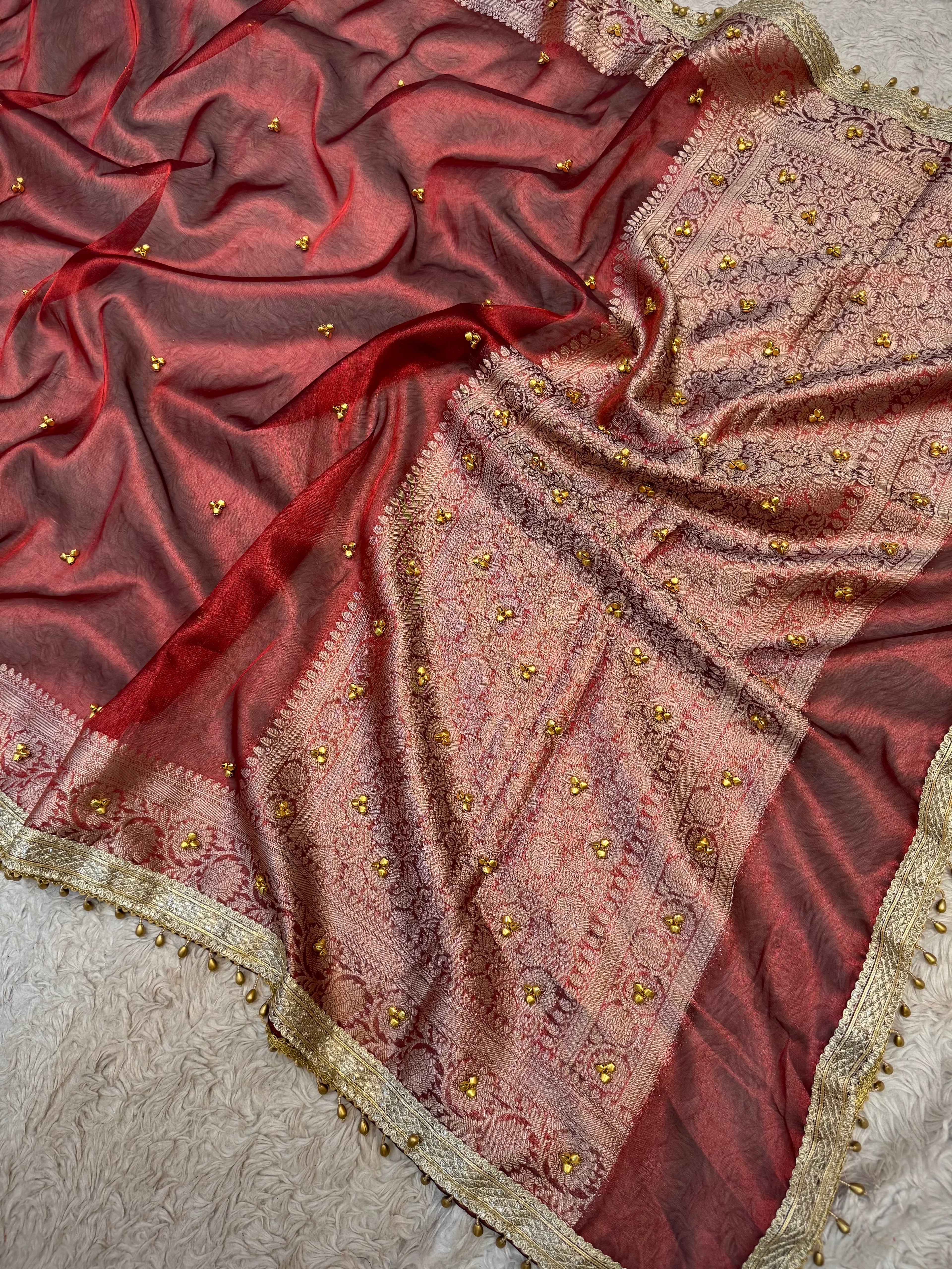 PREMIUM MAROON SHADE GHUNGROO WORK SOFT BANARASI TISSUE SILK DESIGNER SAREE