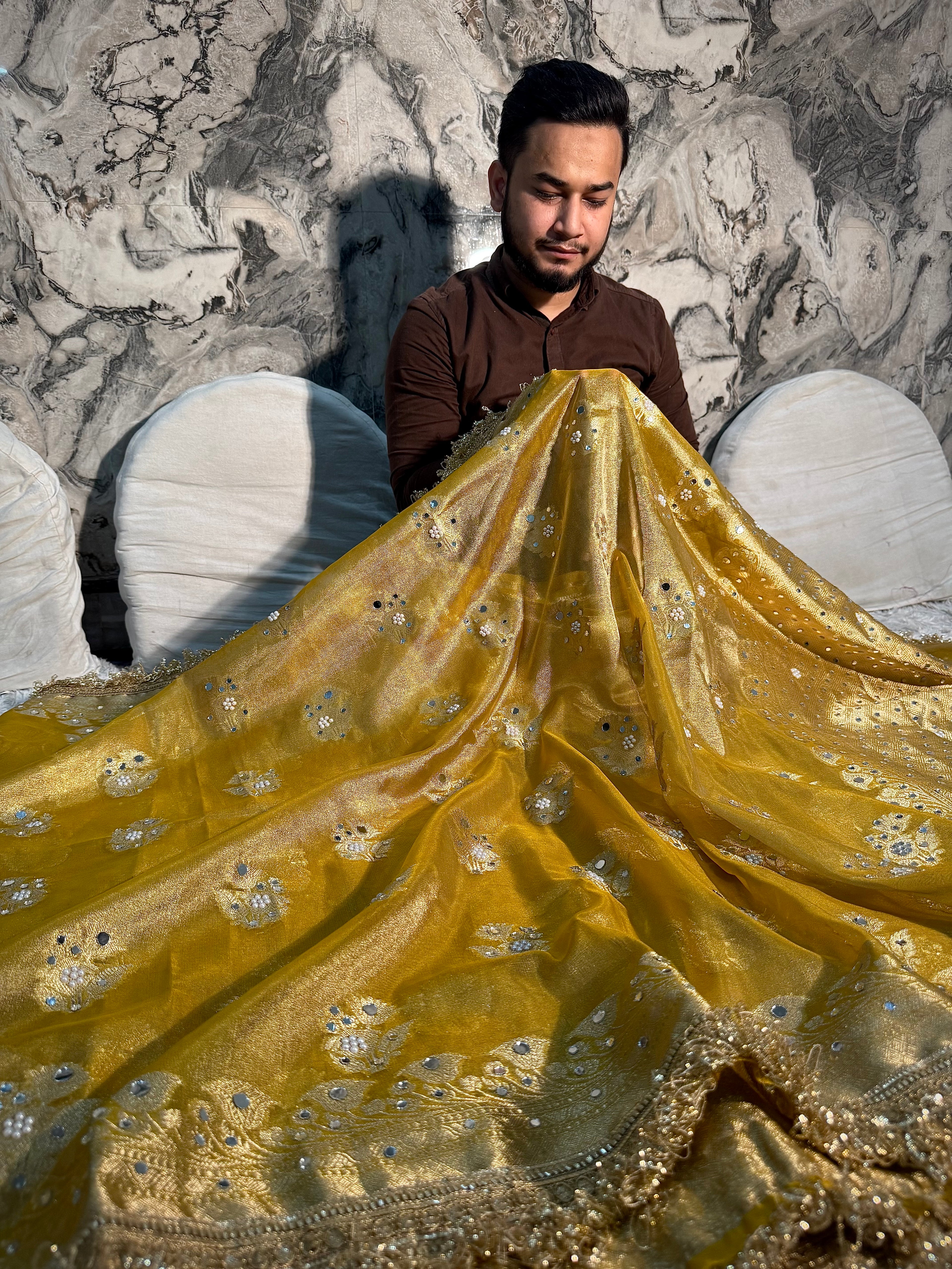 EXCLUSIVE YELLOW SHADE SOFT TISSUE SILK MIRROR WORK DESIGNER SAREE