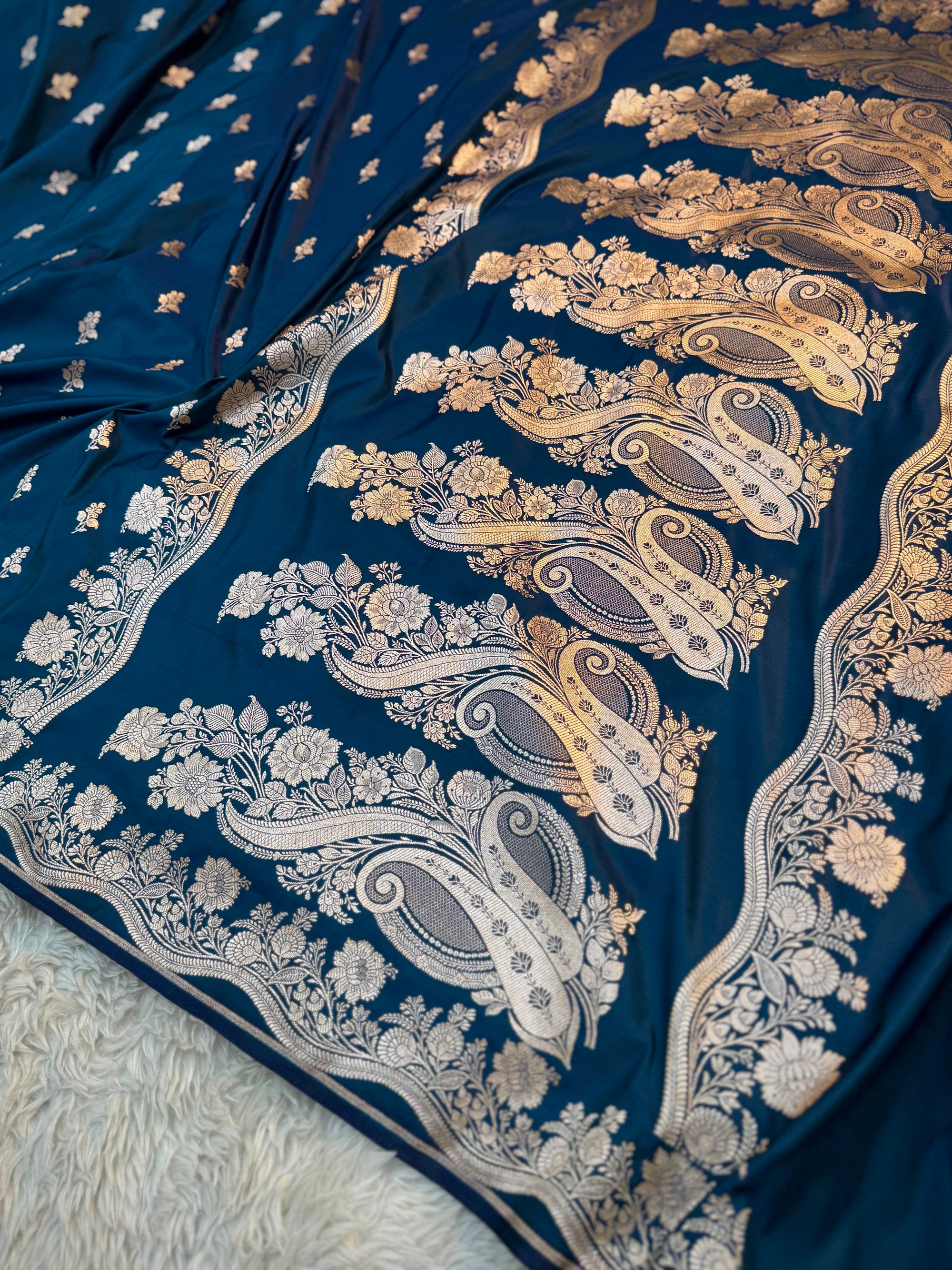PREMIUM GERMAN BLUE SHADE SATIN MASHRU KATAN SILK SAREE