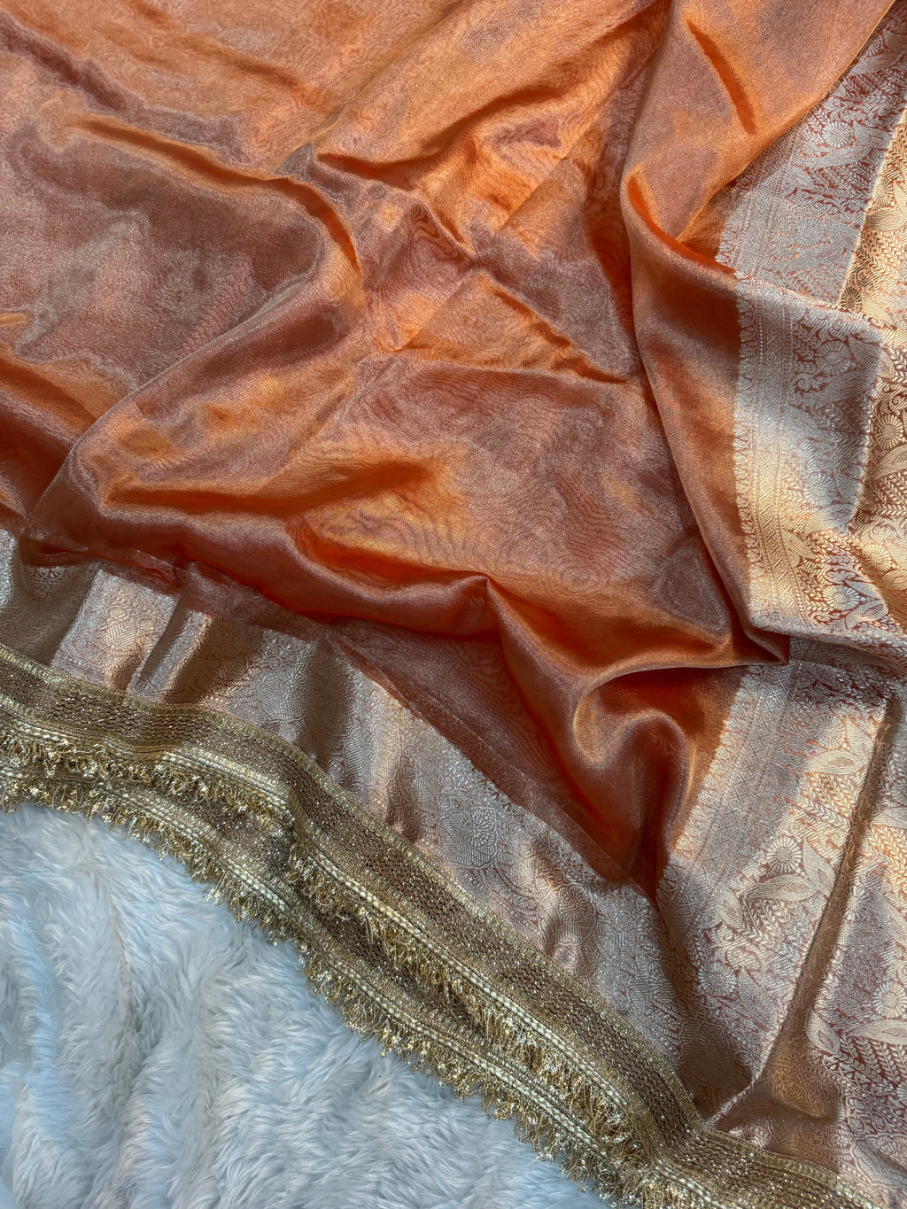PREMIUM FANTA ORANGE SHADE SOFT TISSUE SILK SAREE WITH LACE ATTACHED