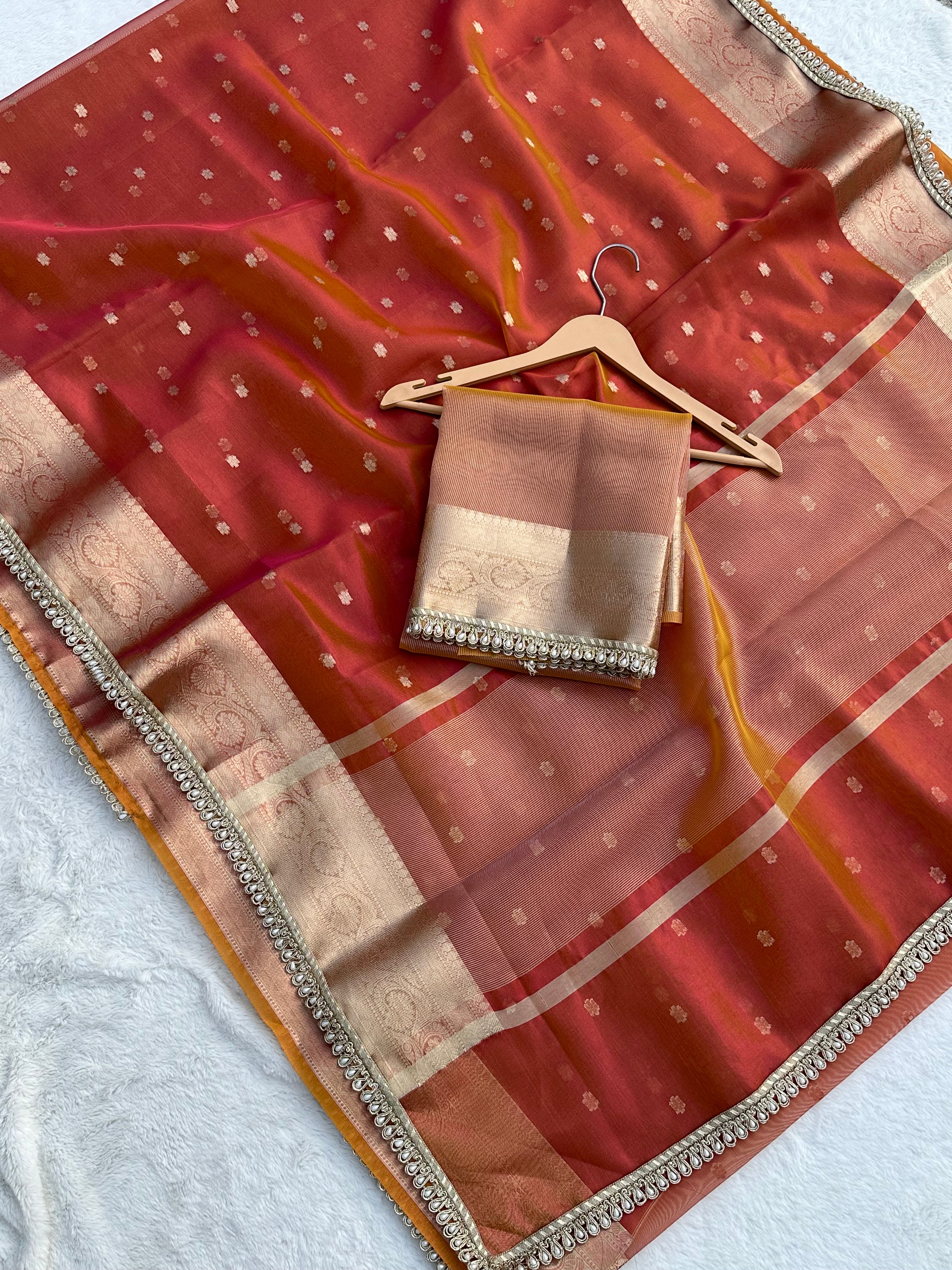 PREMIUM PINK AND ORANGE SHADE DESIGNER TISSUE SILK BOOTI SAREE WITH LACE ATTACHED