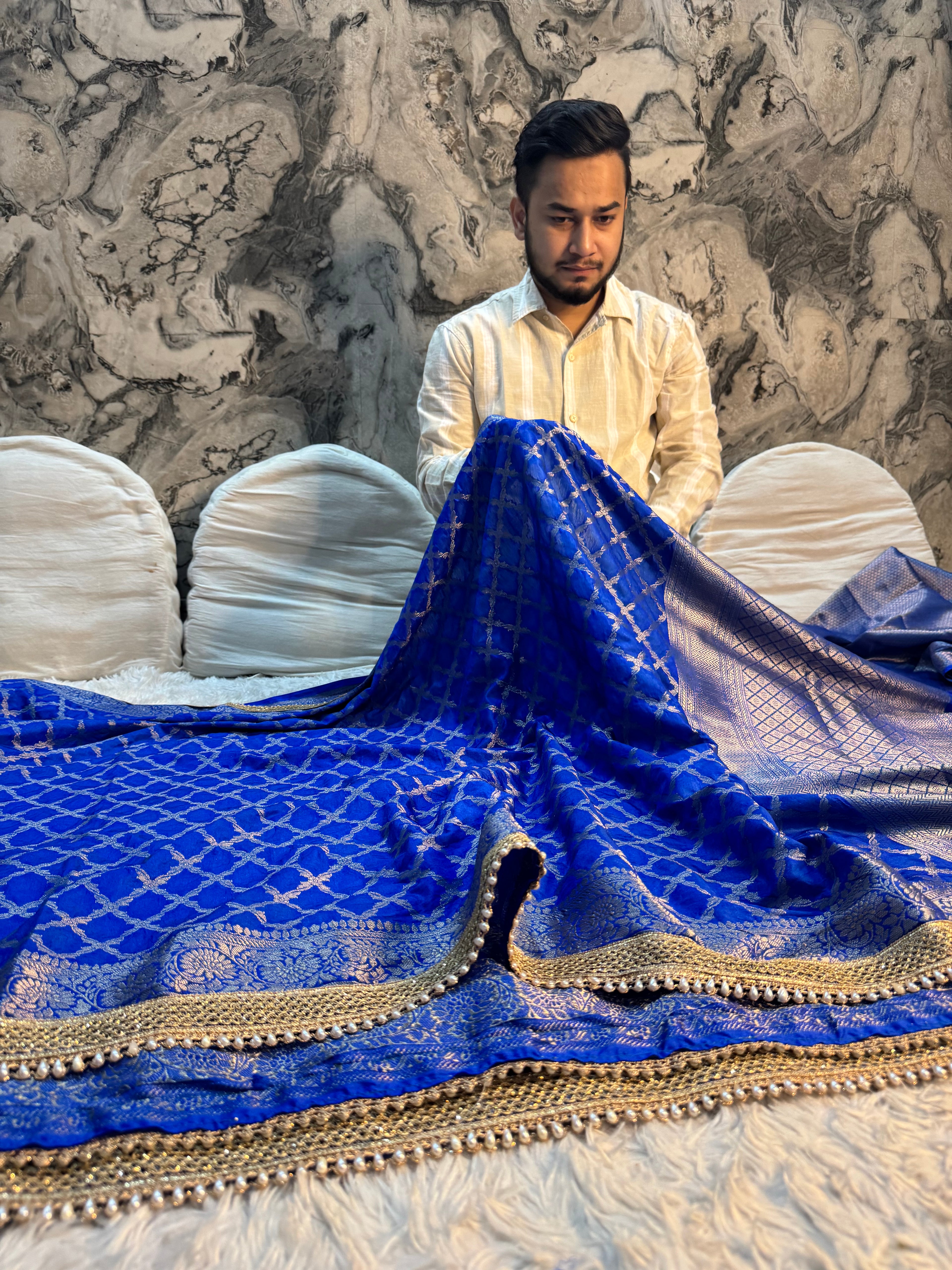 PREMIUM ROYAL BLUE SHADE GEORGETTE KATAN SILK SAREE WITH LACE ATTACHED