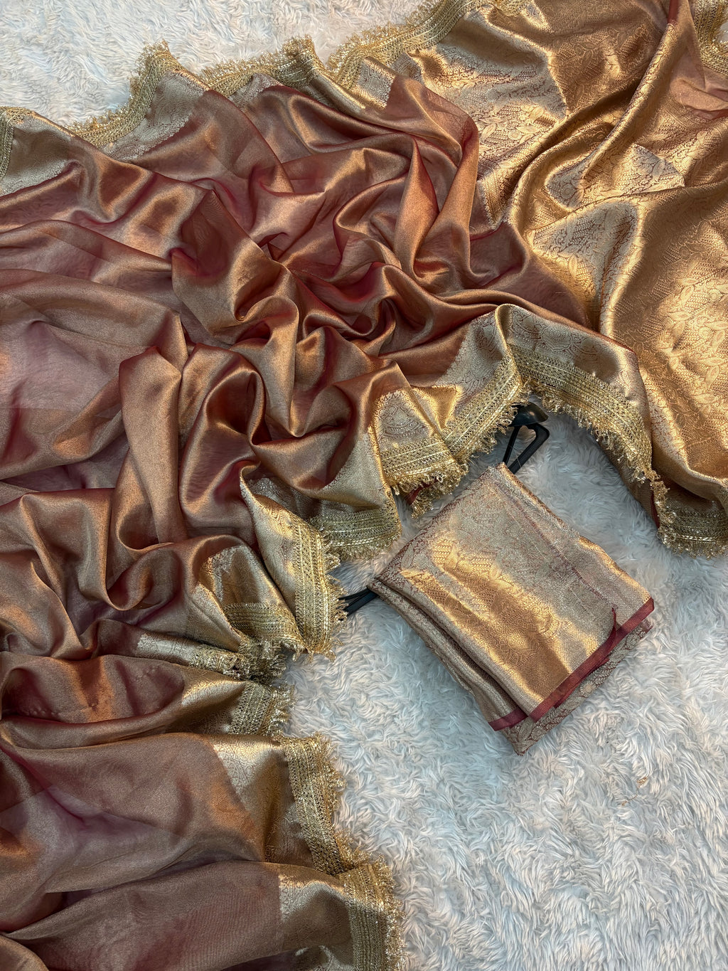 PREMIUM BRONZED GLOW SHADE SOFT TISSUE SILK SAREE WITH LACE ATTACHED