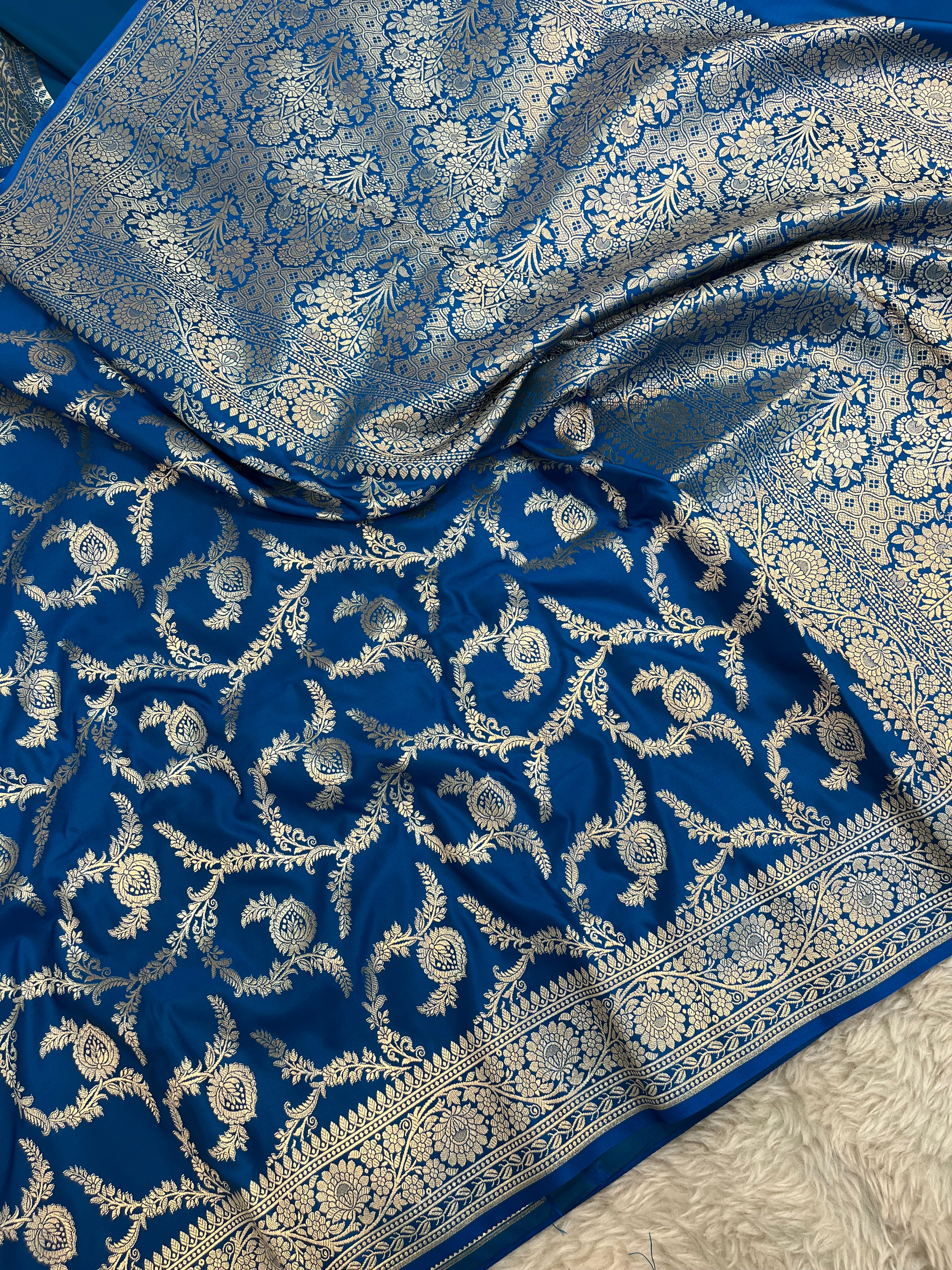 PREMIUM BLUE SHADE MASHRU KATAN SILK JAAL DESIGN WEAVE SAREE