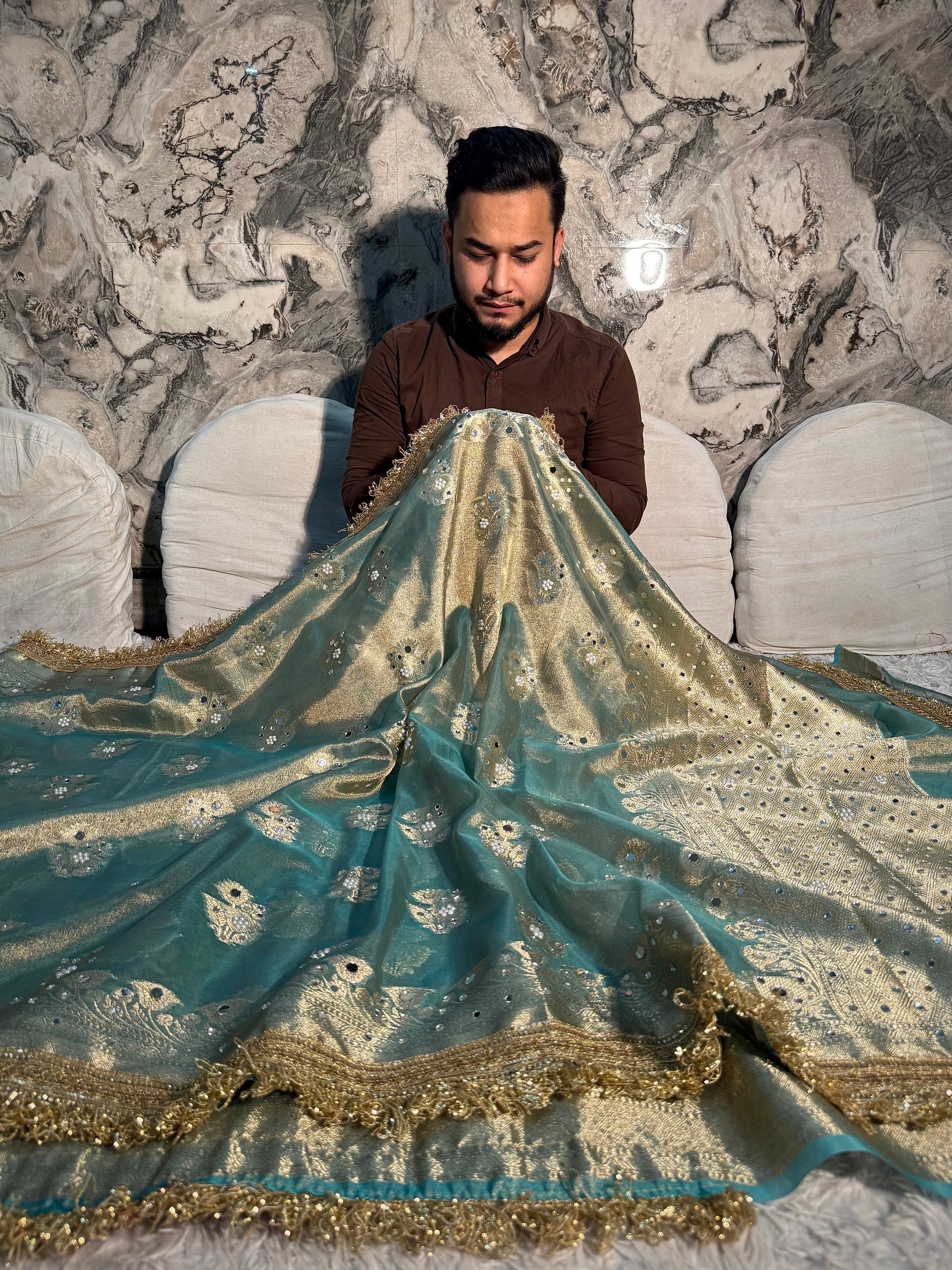 EXCLUSIVE METALLIC BLUE SHADE SOFT TISSUE SILK MIRROR WORK DESIGNER SAREE