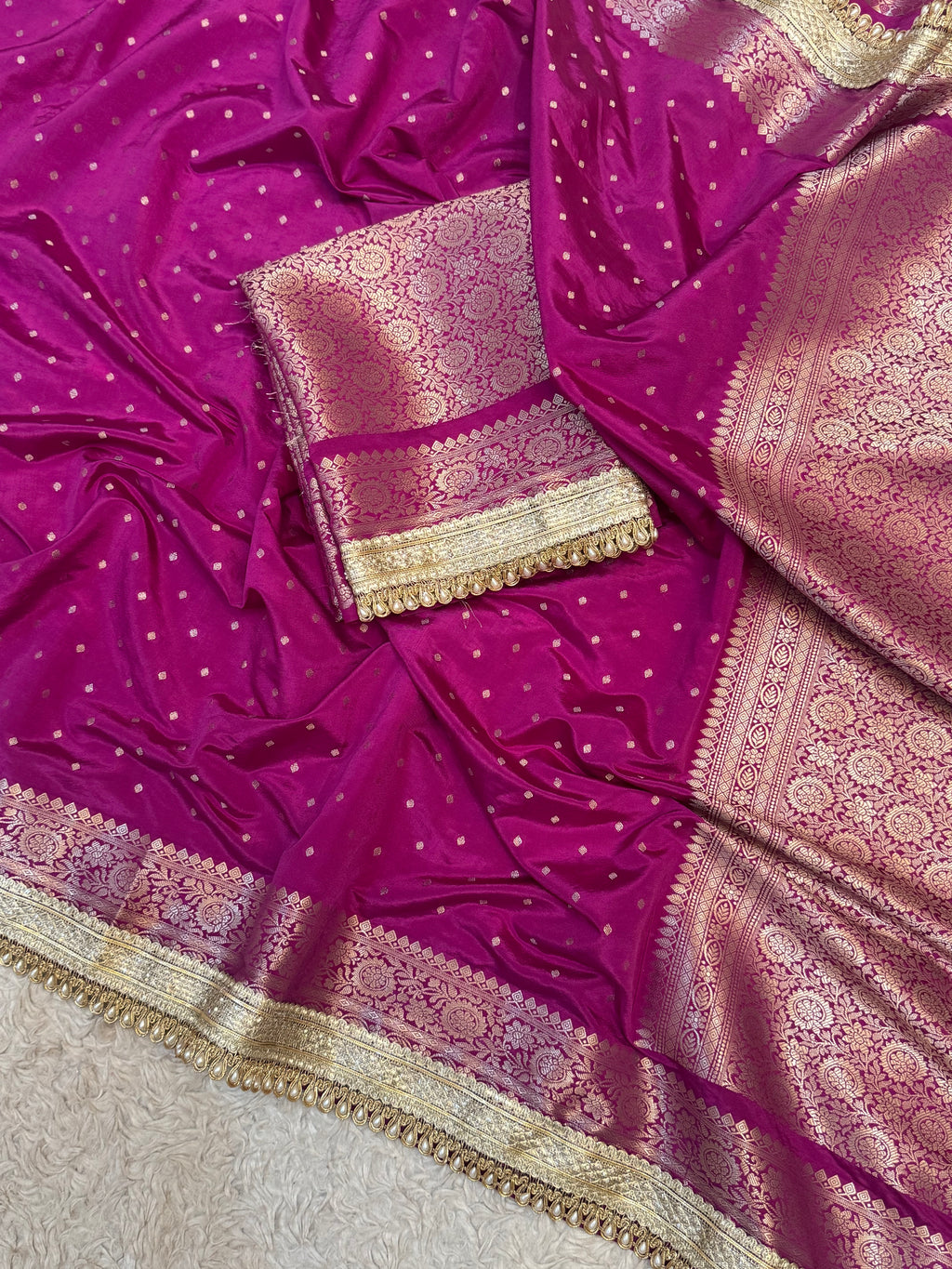 PREMIUM DEEP PURPLE SHADE GEORGETTE KATAN SILK SAREE WITH MOTI LACE ATTACHED