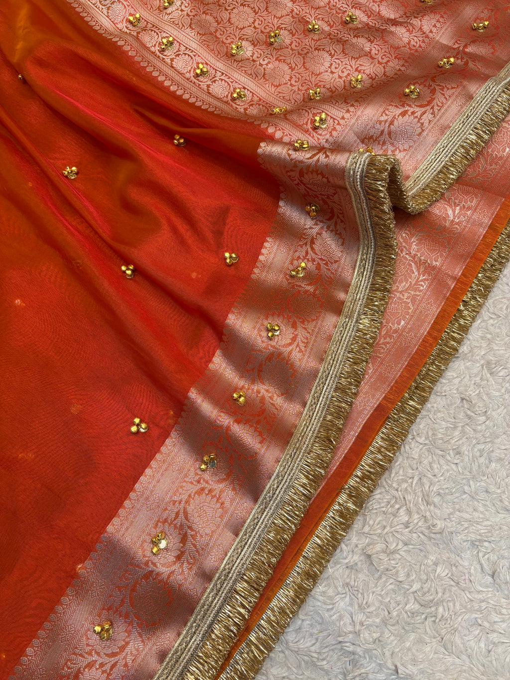 PREMIUM RUST SHADE GHUNGROO WORK SOFT BANARASI TISSUE SILK DESIGNER SAREE