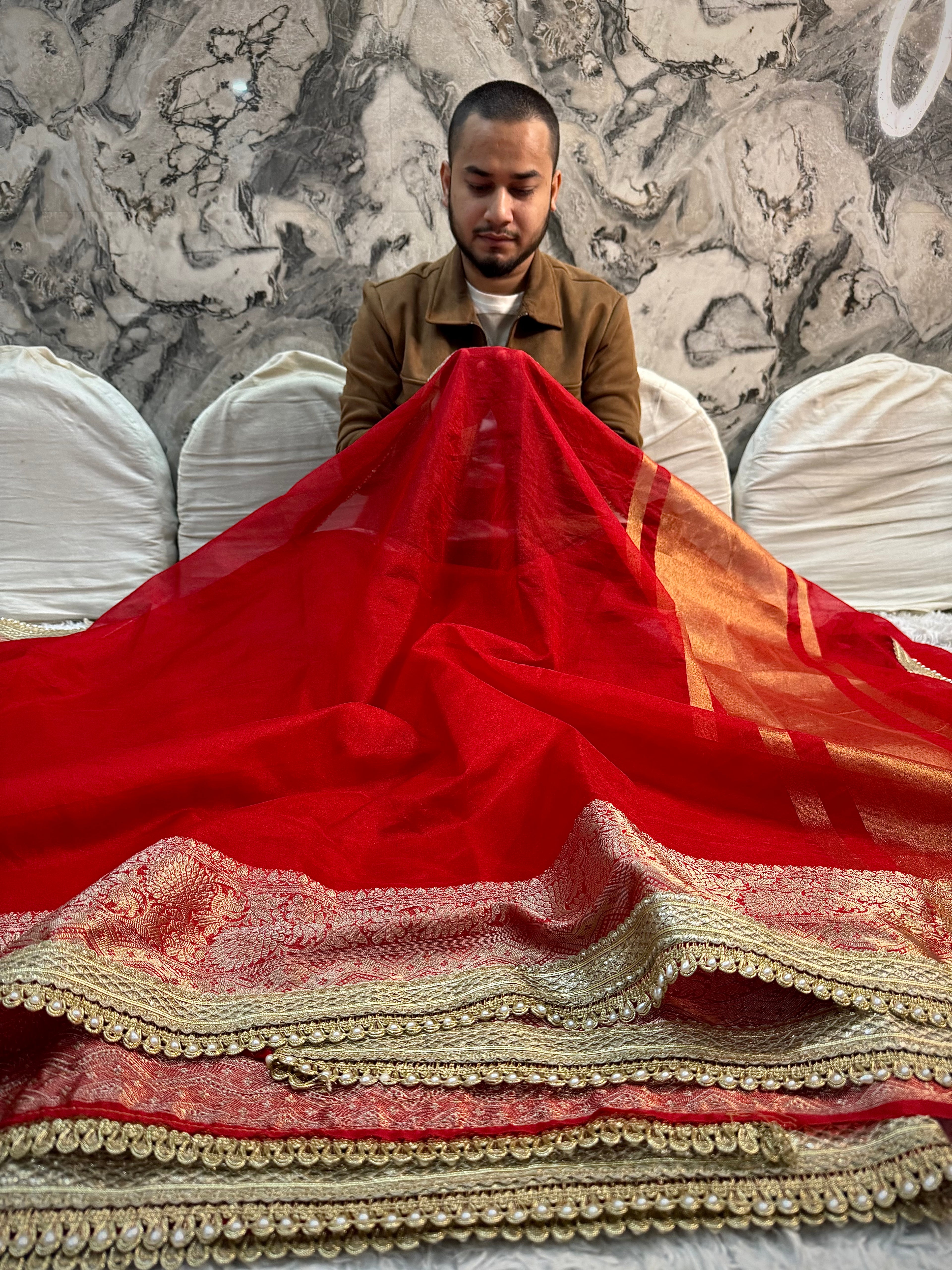 PREMIUM RED SHADE ORGANZA SILK SAREE WITH MOTI LACE ATTACHED