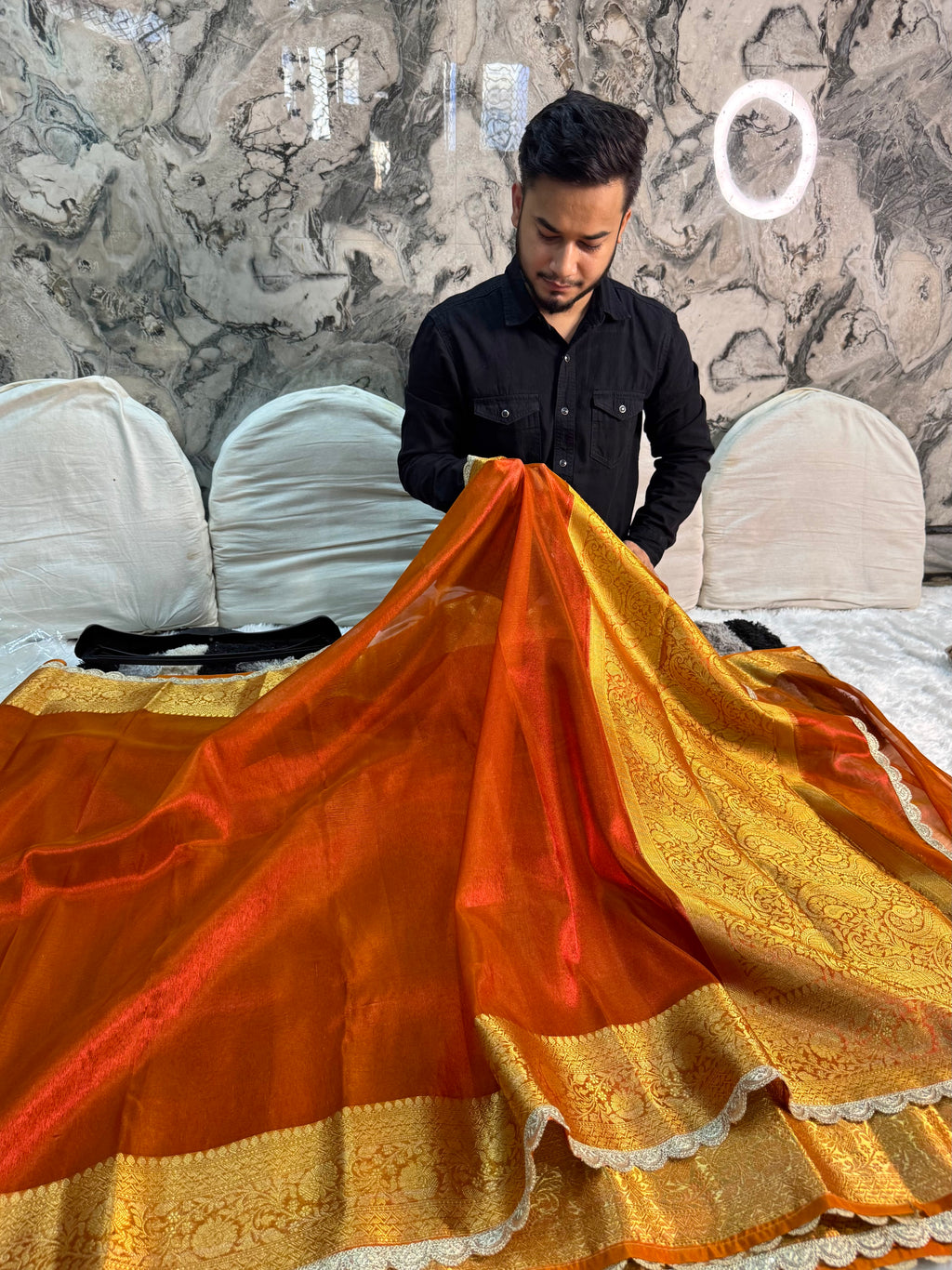 PREMIUM REDISH ORANGE SHADE SOFT TISSUE SILK SAREE WITH LACE ATTACHED