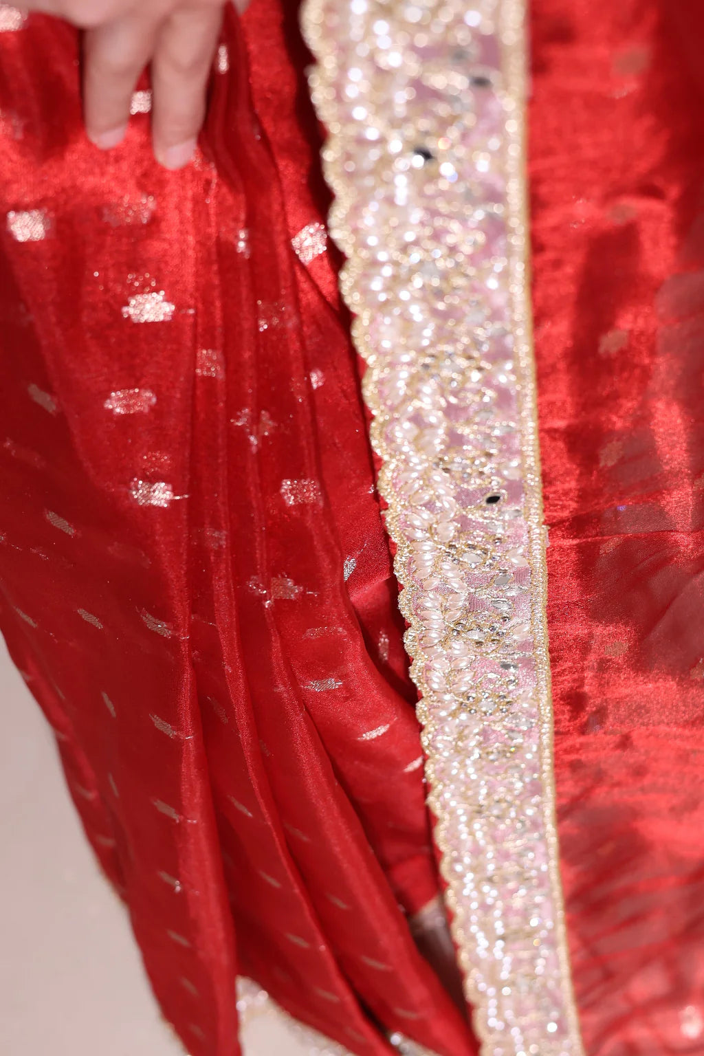 PREMIUM BRIDAL RED SHADE DESIGNER SOFT TISSUE SILK BOOTI SAREE WITH MOTI LACE ATTACHED