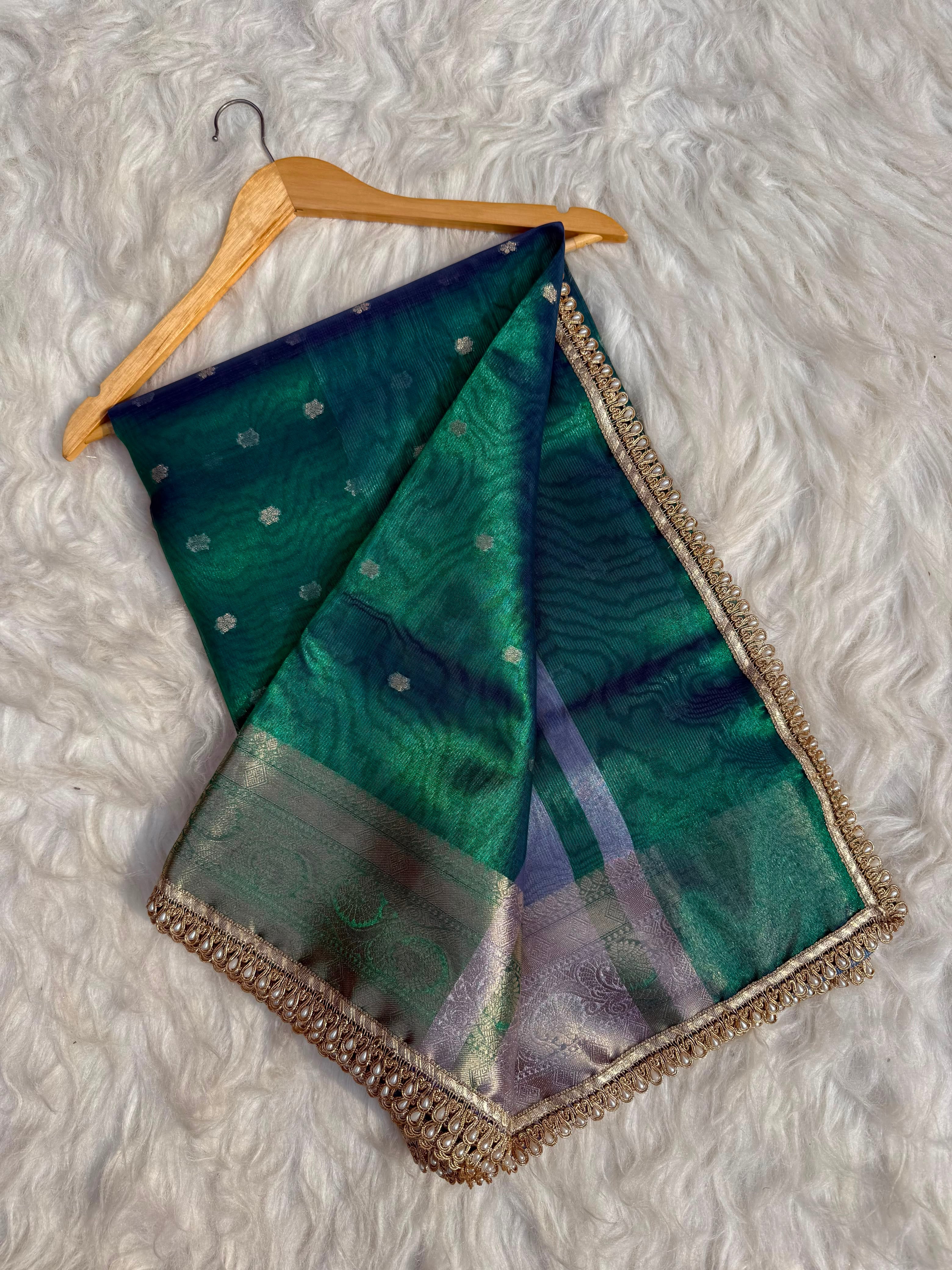 PREMIUM PEACOCK DESIGNER TISSUE SILK BOOTI SAREE WITH LACE ATTACHED (Copy)