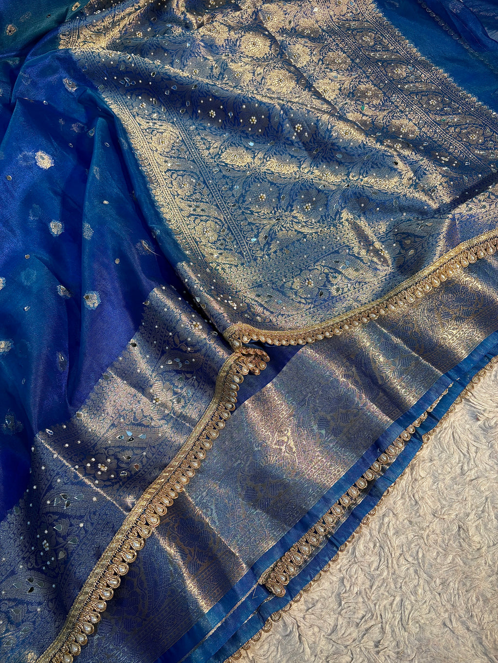 PREMIUM ROYAL BLUE SHADE BANARASI SOFT TISSUE SILK WITH MIRROR WORK DESIGNER SAREE
