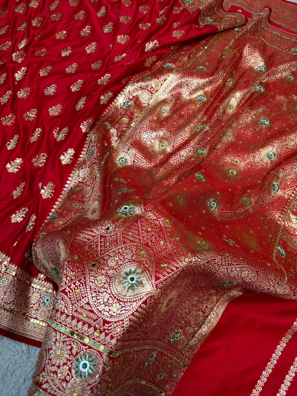 BRIDAL RED SHADE BANARASI MASHRU SATIN SILK SAREE WITH ZARDOZI WORK