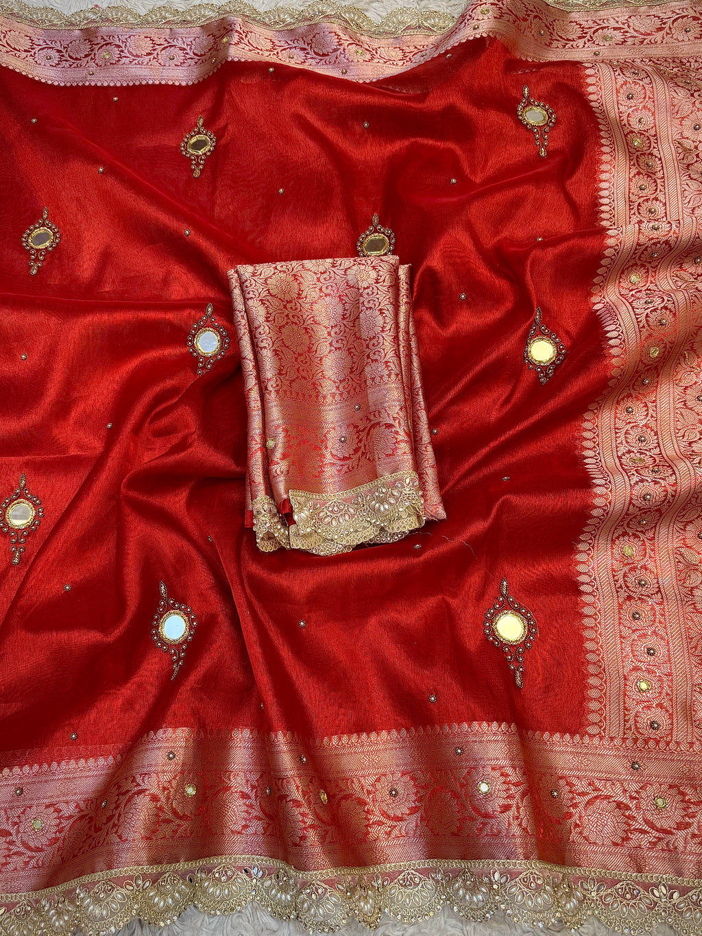 LUXURIOUS BRIDAL RED SHADE SOFT TISSUE SILK SAREE WITH PREMIUM ZARDOZI MIRROR WORK AND LACE ATTACHED