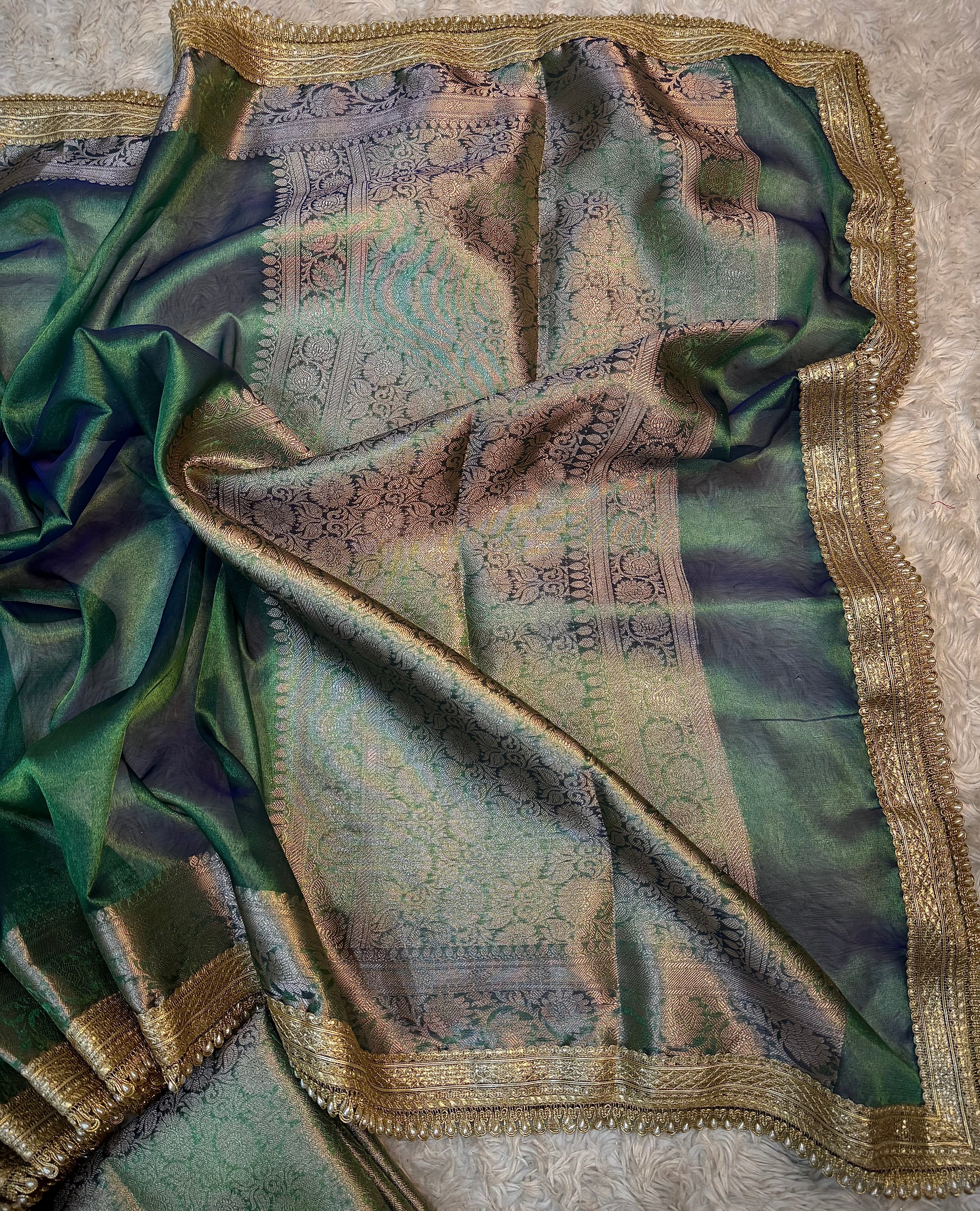 PREMIUM PEACOCK SHADE SOFT TISSUE SILK SAREE WITH LACE ATTACHED