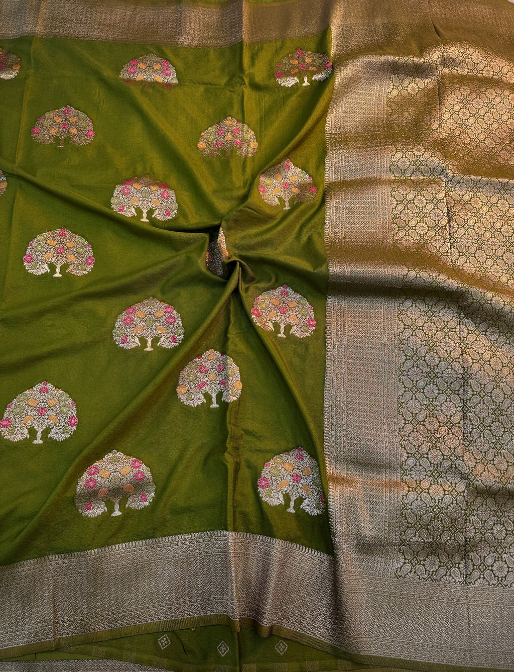 MAHENDI GREEN SHADE CHINON GEORGETTE SILK MEENAKARI SAREE