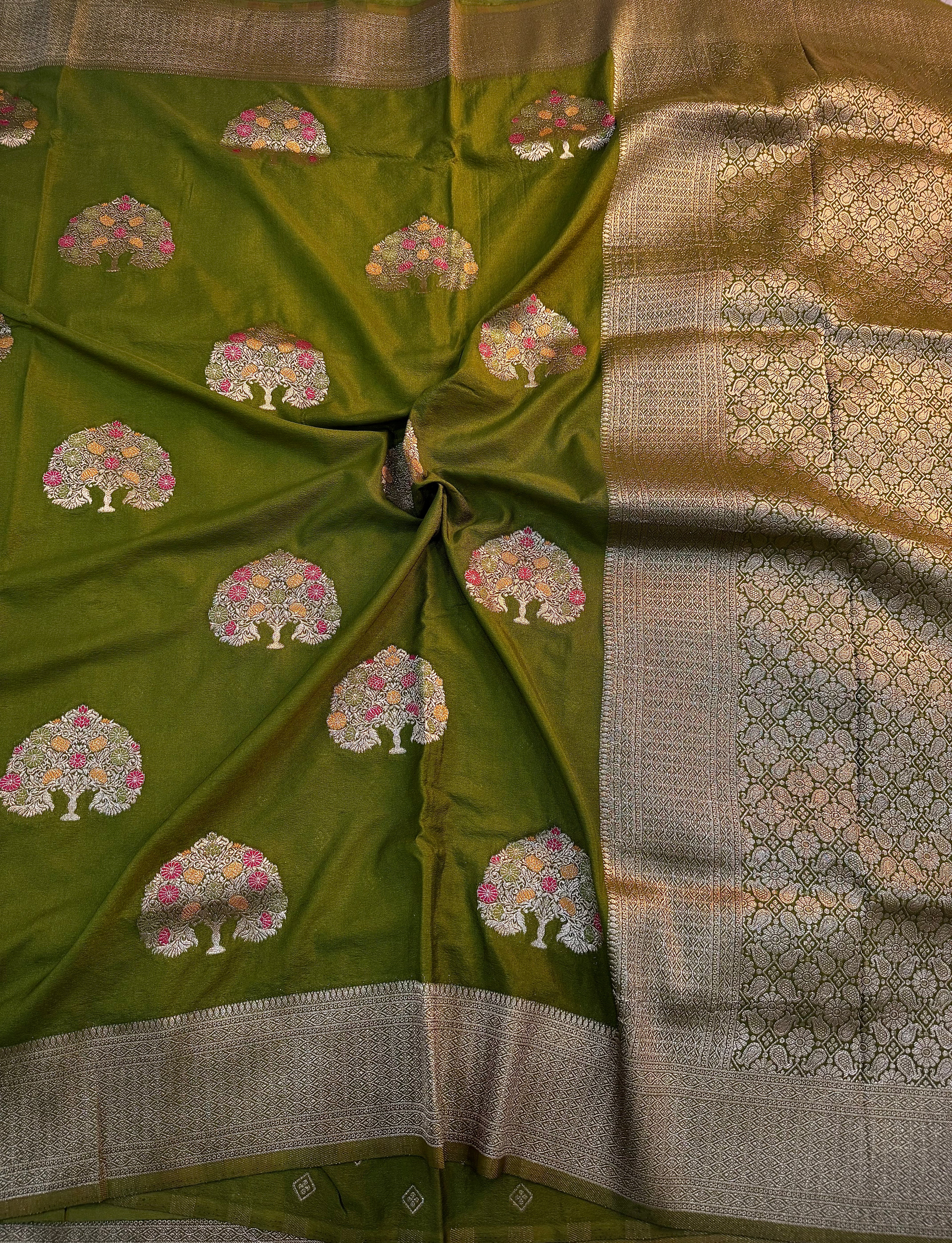 MAHENDI GREEN SHADE CHINON GEORGETTE SILK MEENAKARI SAREE