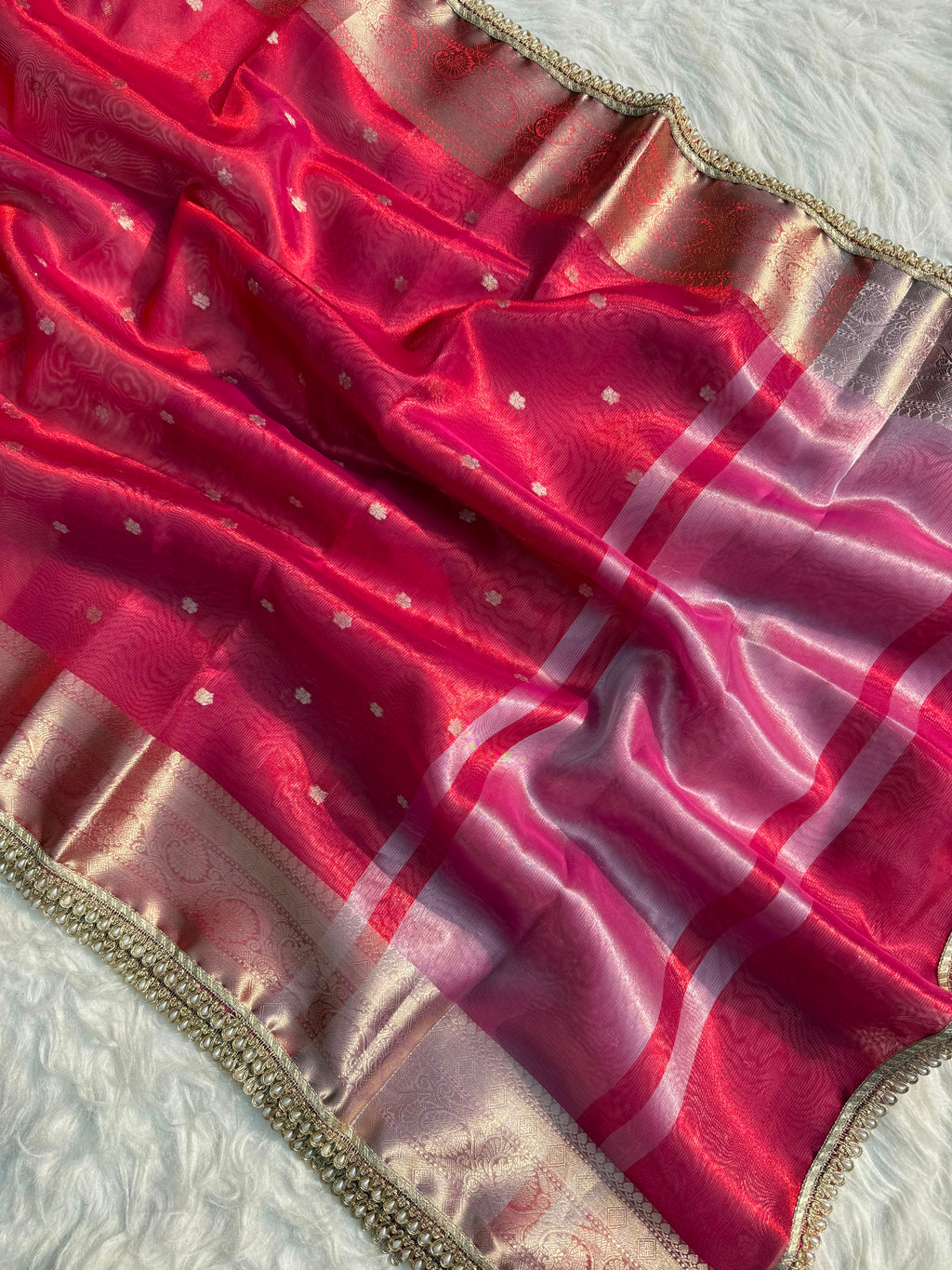 PREMIUM RED SHADE DESIGNER TISSUE SILK BOOTI SAREE WITH LACE ATTACHED