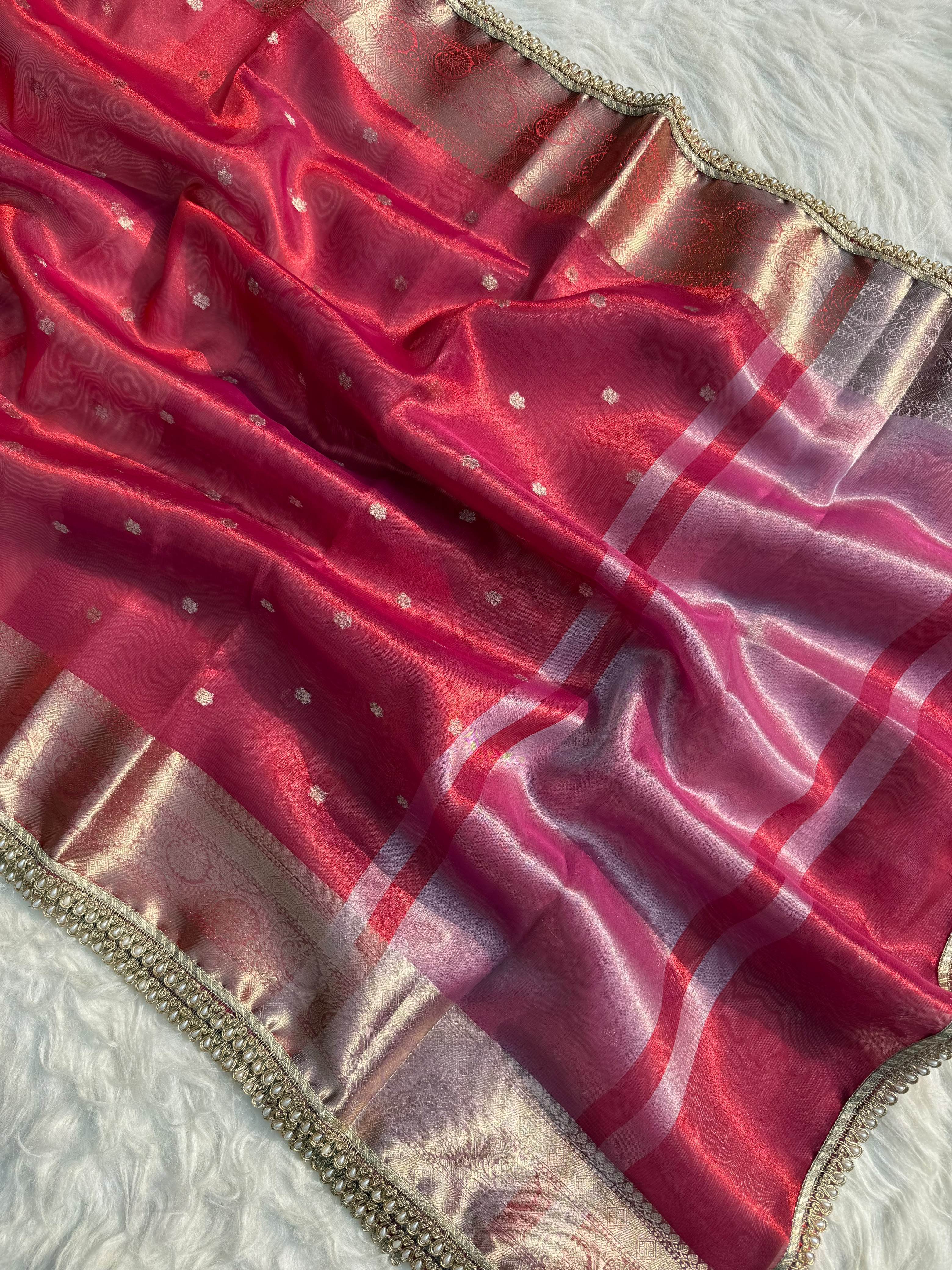 PREMIUM RED SHADE DESIGNER TISSUE SILK BOOTI SAREE WITH LACE ATTACHED