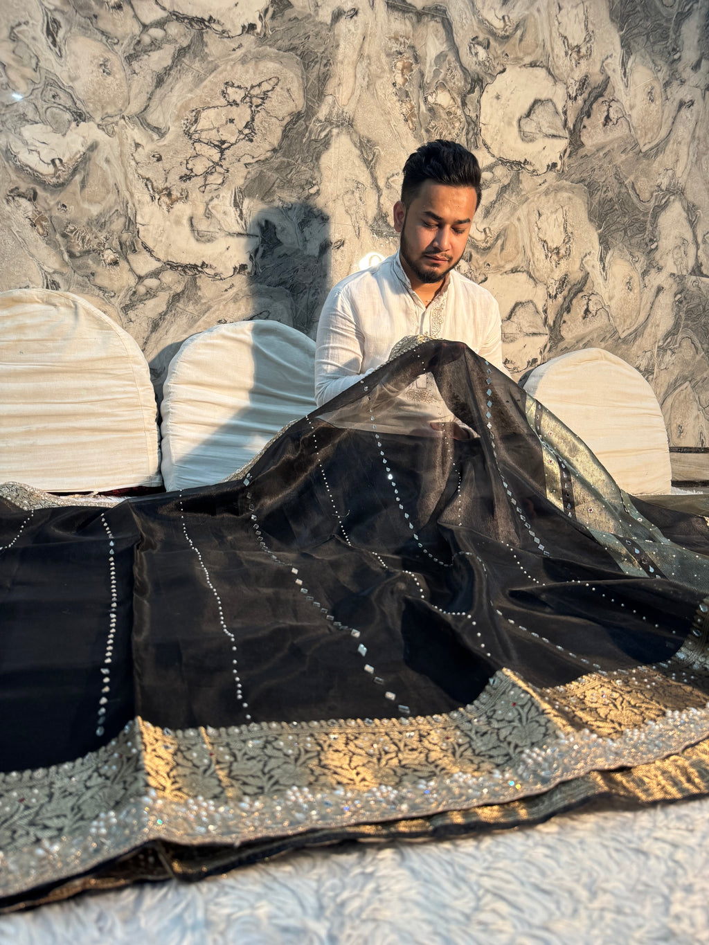 STONE WORK+MIRROR WORK BLACK SHADE SOFT TISSUE SILK DESIGNER SAREE
