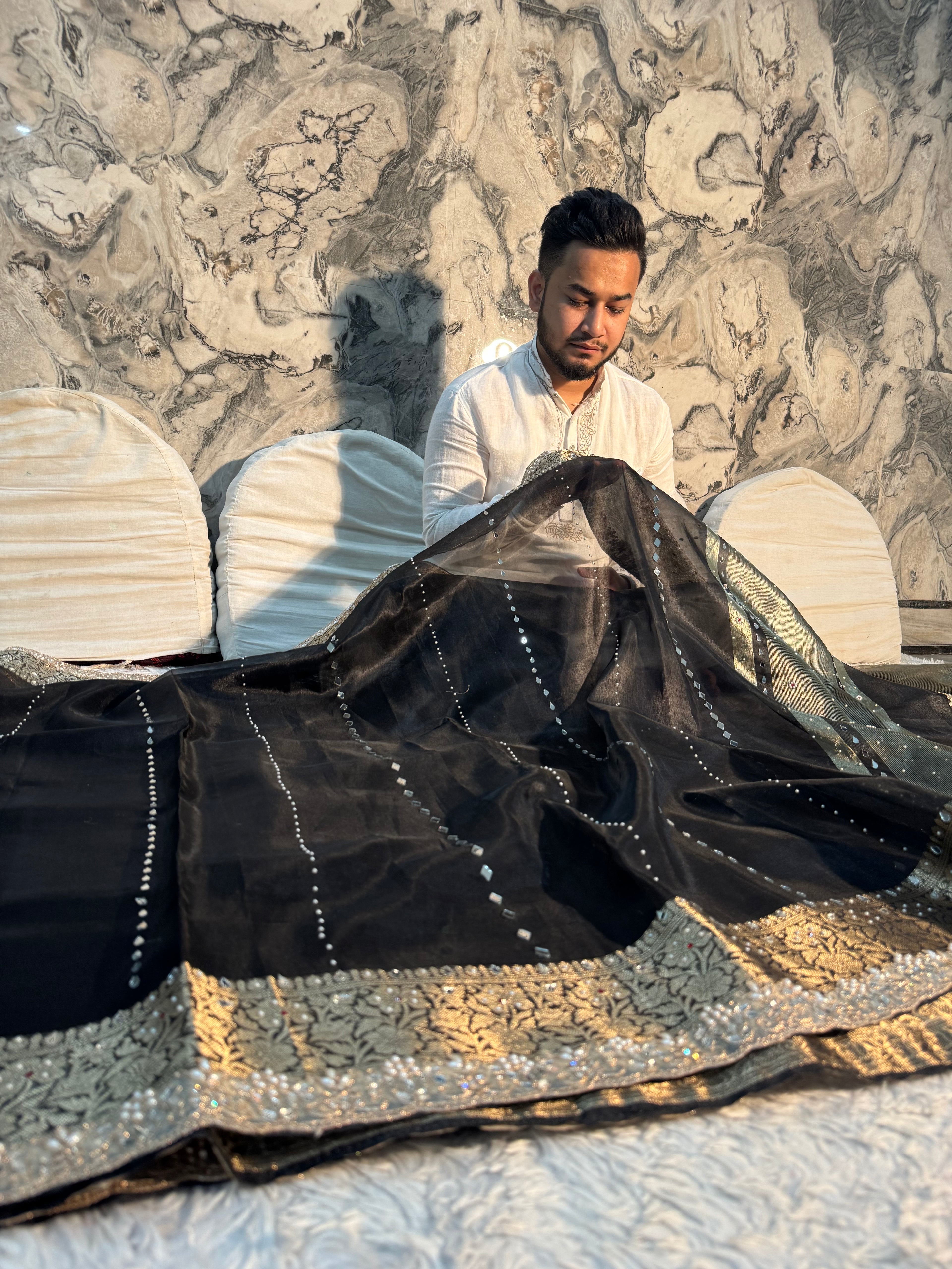 STONE WORK+MIRROR WORK BLACK SHADE SOFT TISSUE SILK DESIGNER SAREE